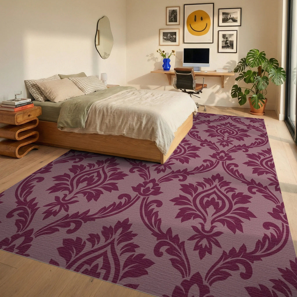 Plum Damask Scrollwork Floral Rug Bedroom View