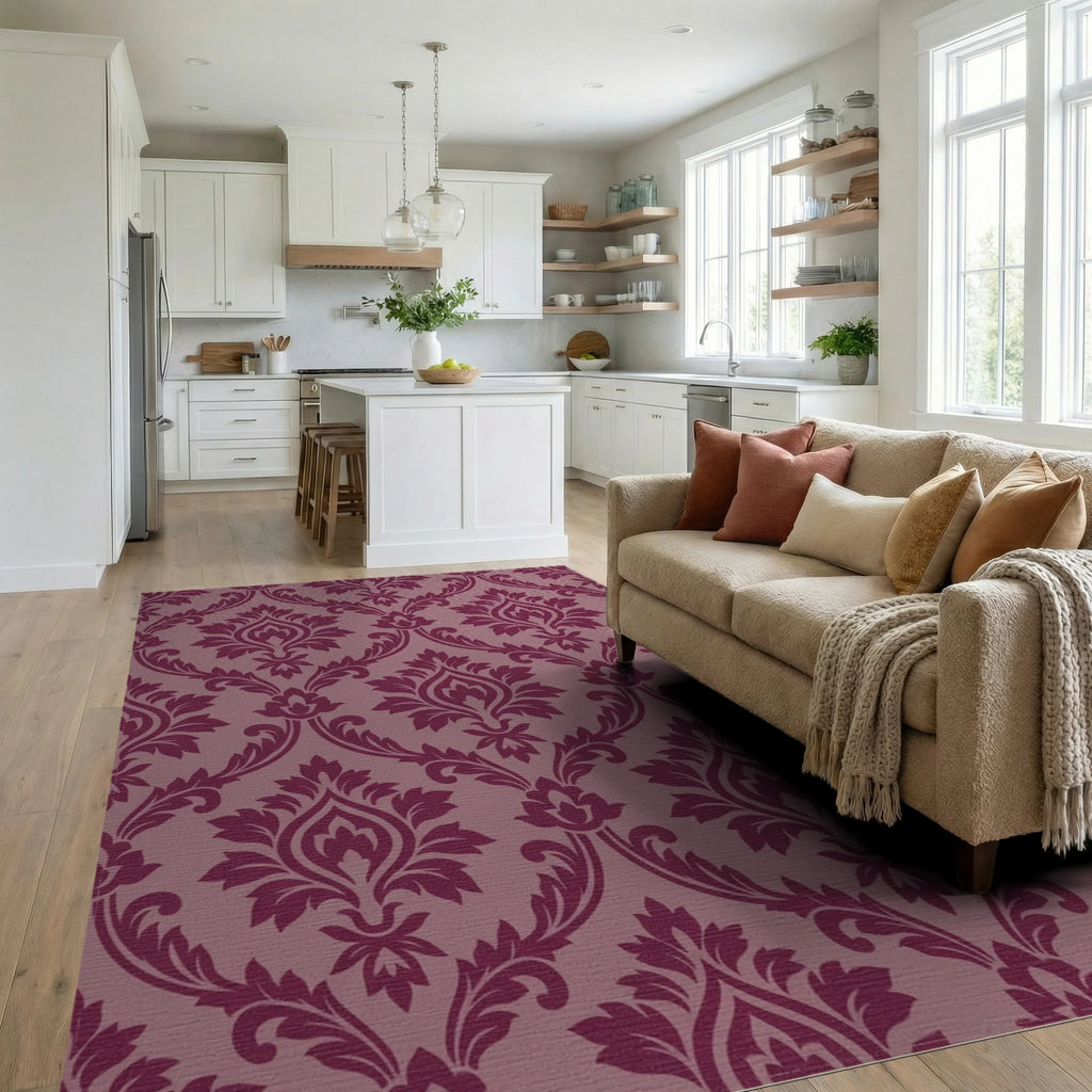Plum Damask Scrollwork Floral Rug Living Room View