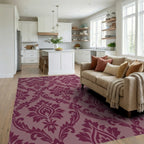 Plum Damask Scrollwork Floral Rug Living Room View