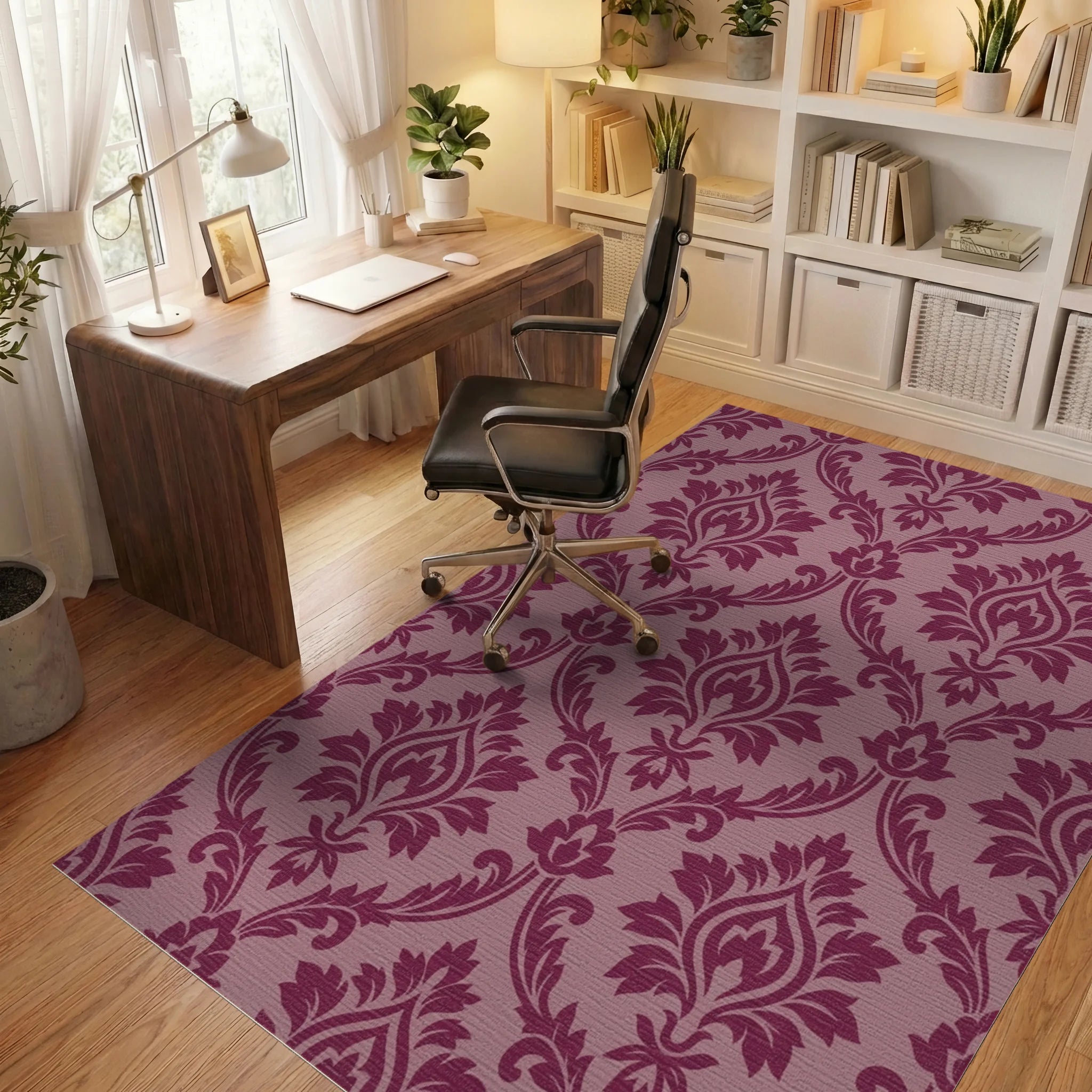 Plum Damask Scrollwork Floral Rug Office View