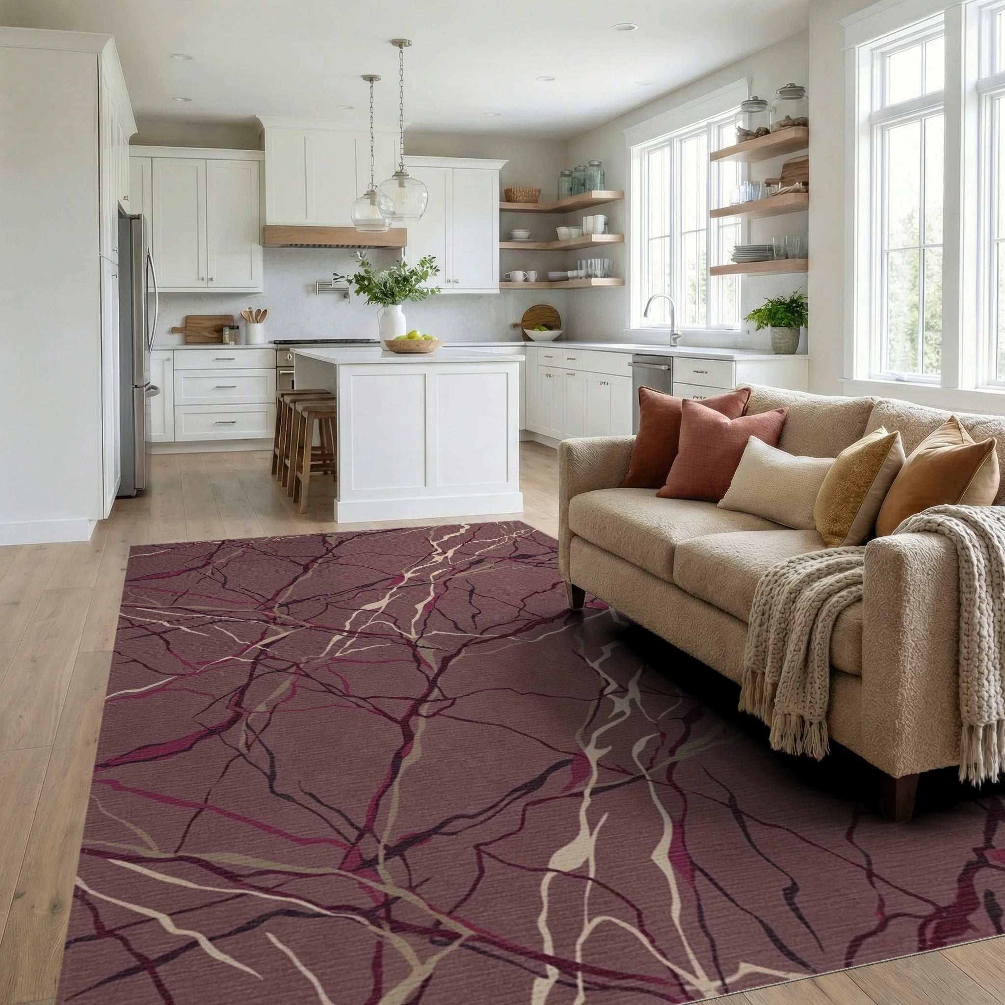 Plum Marble Veins Abstract Rug Living Room View