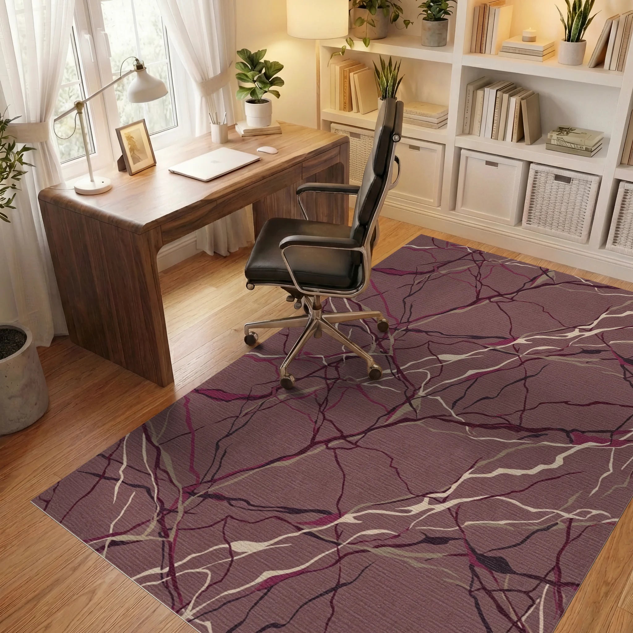 Plum Marble Veins Abstract Rug Office View