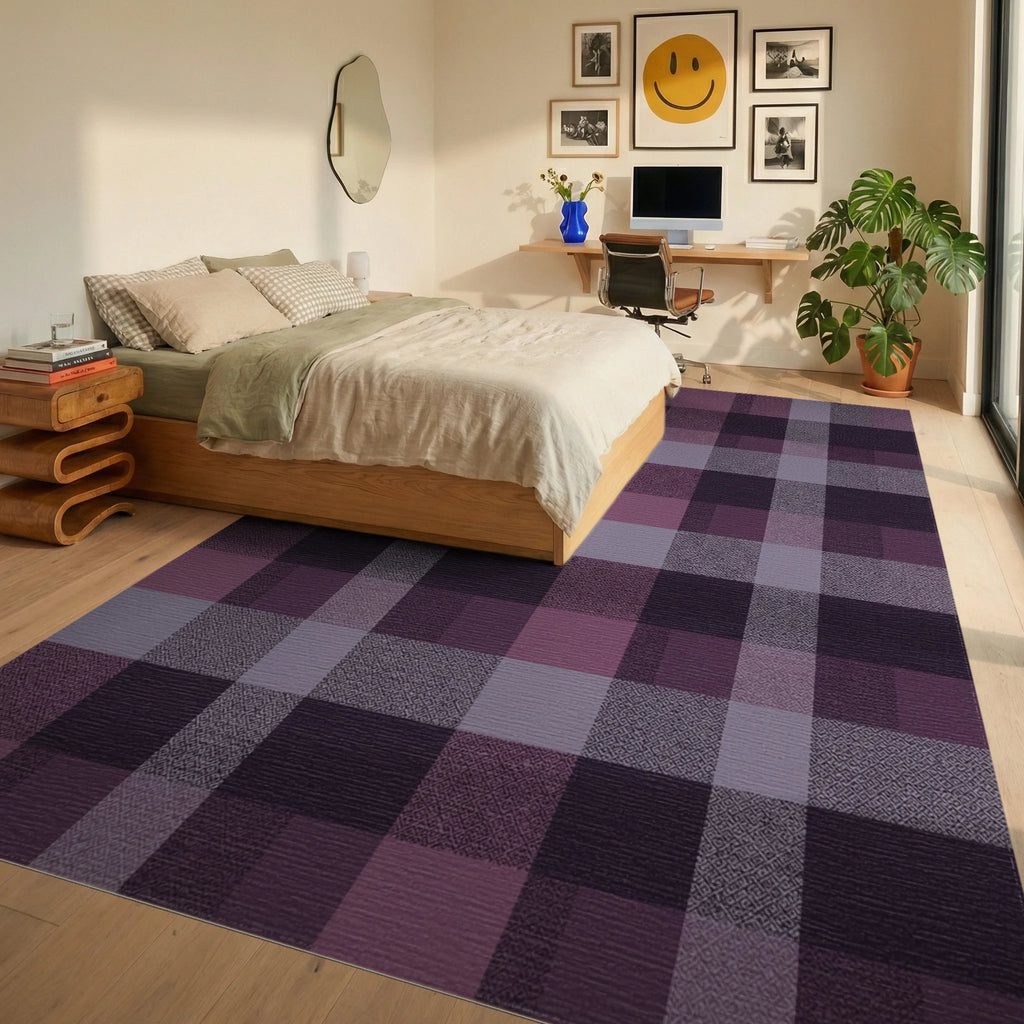 Plum Plaid Textured Geometric Squares Rug Bedroom View