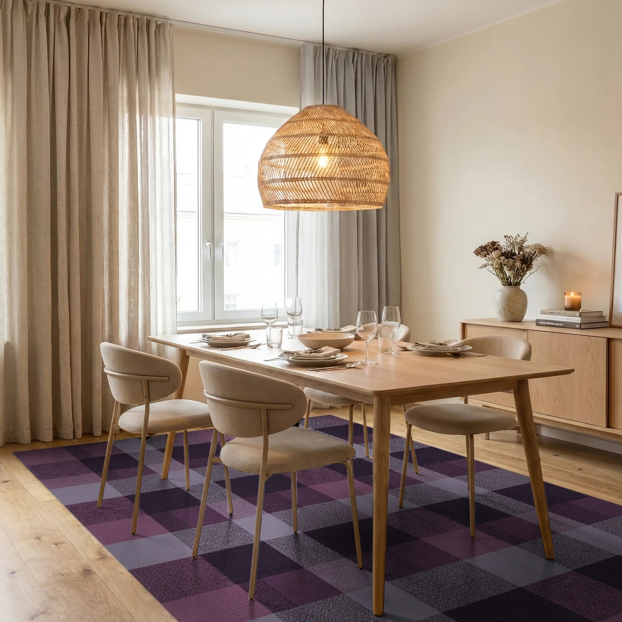 Plum Plaid Textured Geometric Squares Rug Dining Room View
