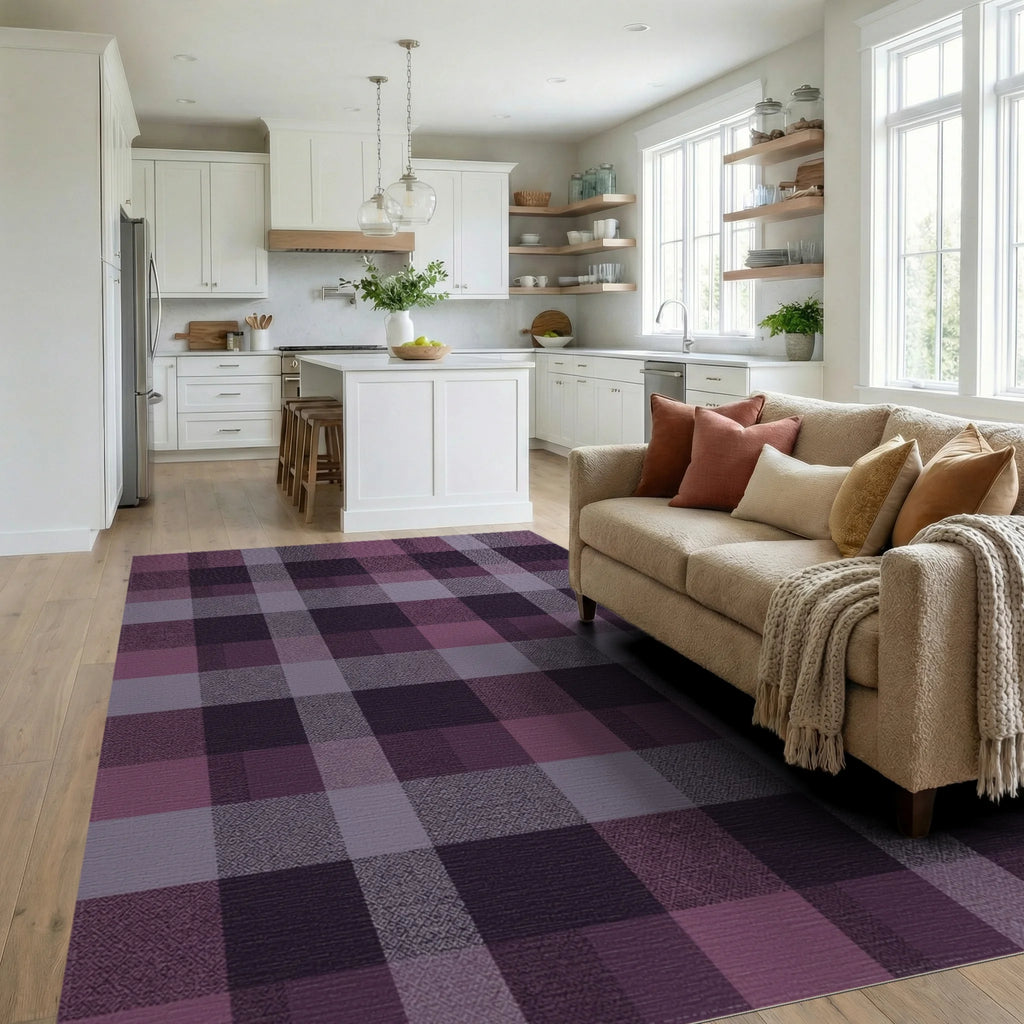 Plum Plaid Textured Geometric Squares Rug Living Room View