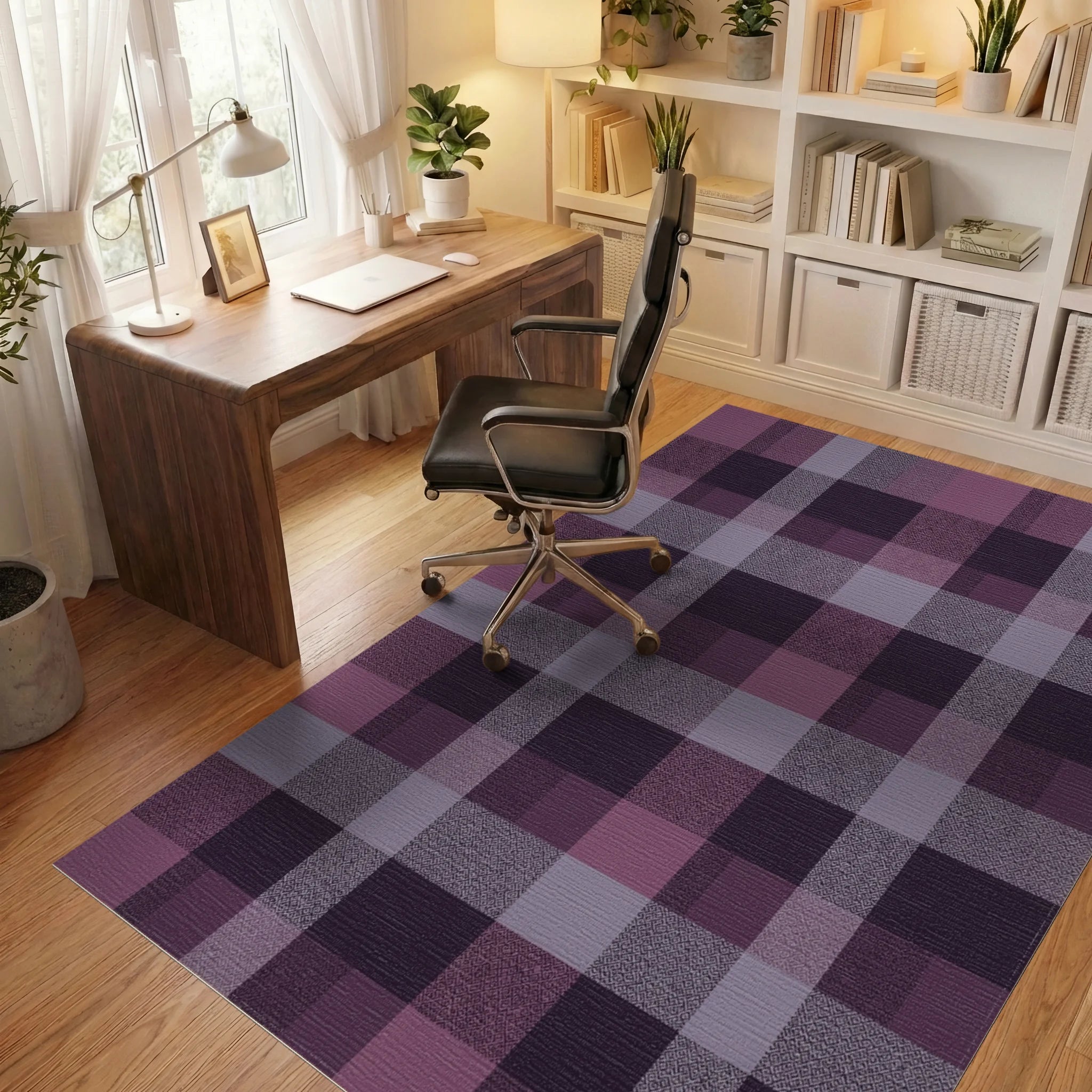 Plum Plaid Textured Geometric Squares Rug Office View