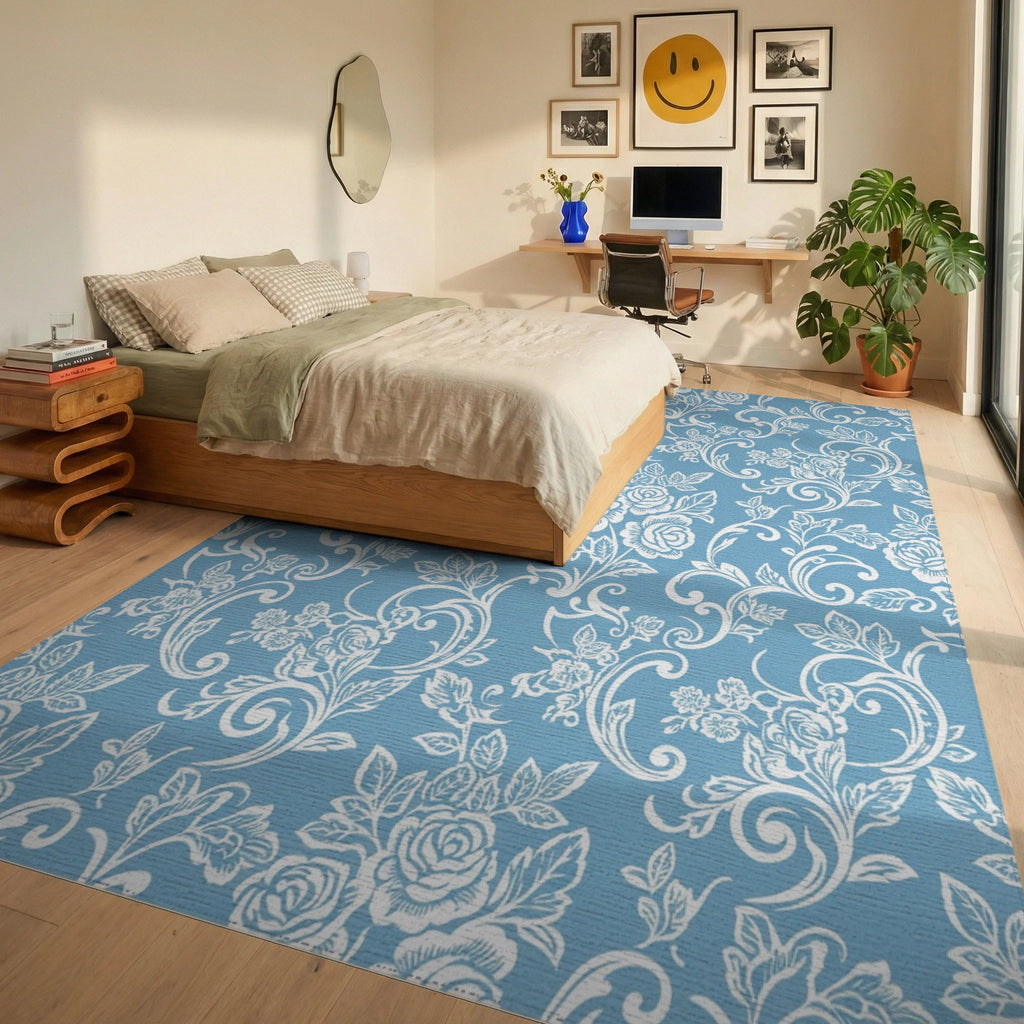 Powder Blue Rose Vine Scroll Rug Bedroom View
