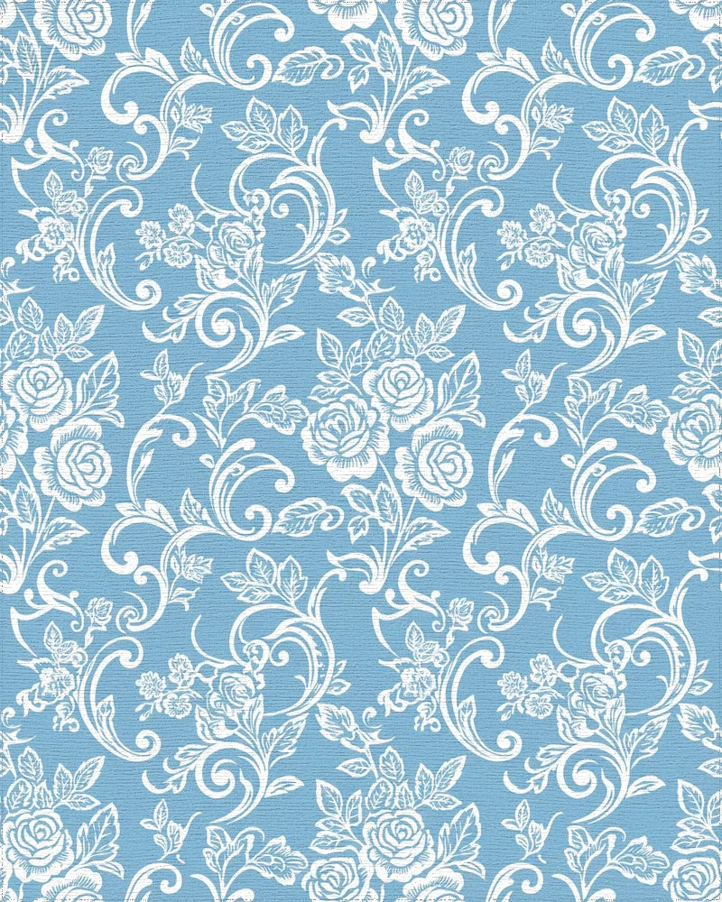 Powder Blue Rose Vine Scroll Rug - Cutout View