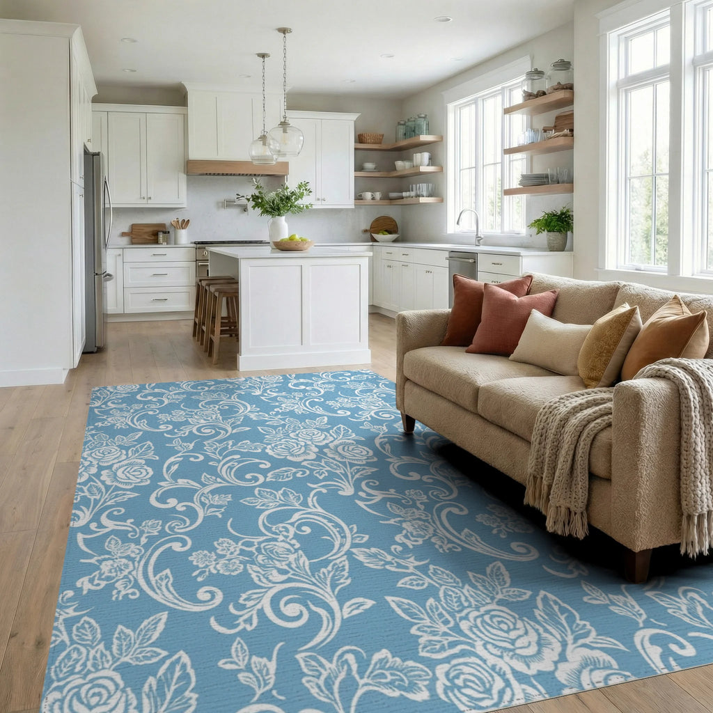 Powder Blue Rose Vine Scroll Rug Living Room View