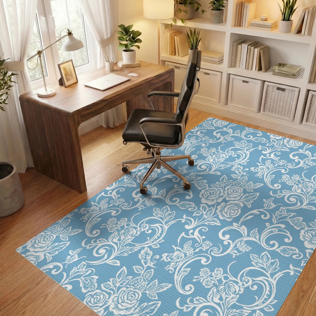 Powder Blue Rose Vine Scroll Rug Office View