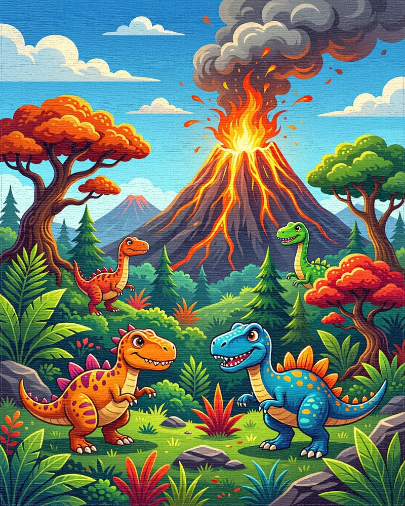 Prehistoric Volcano Dinosaurs Landscape Rug - Cutout View