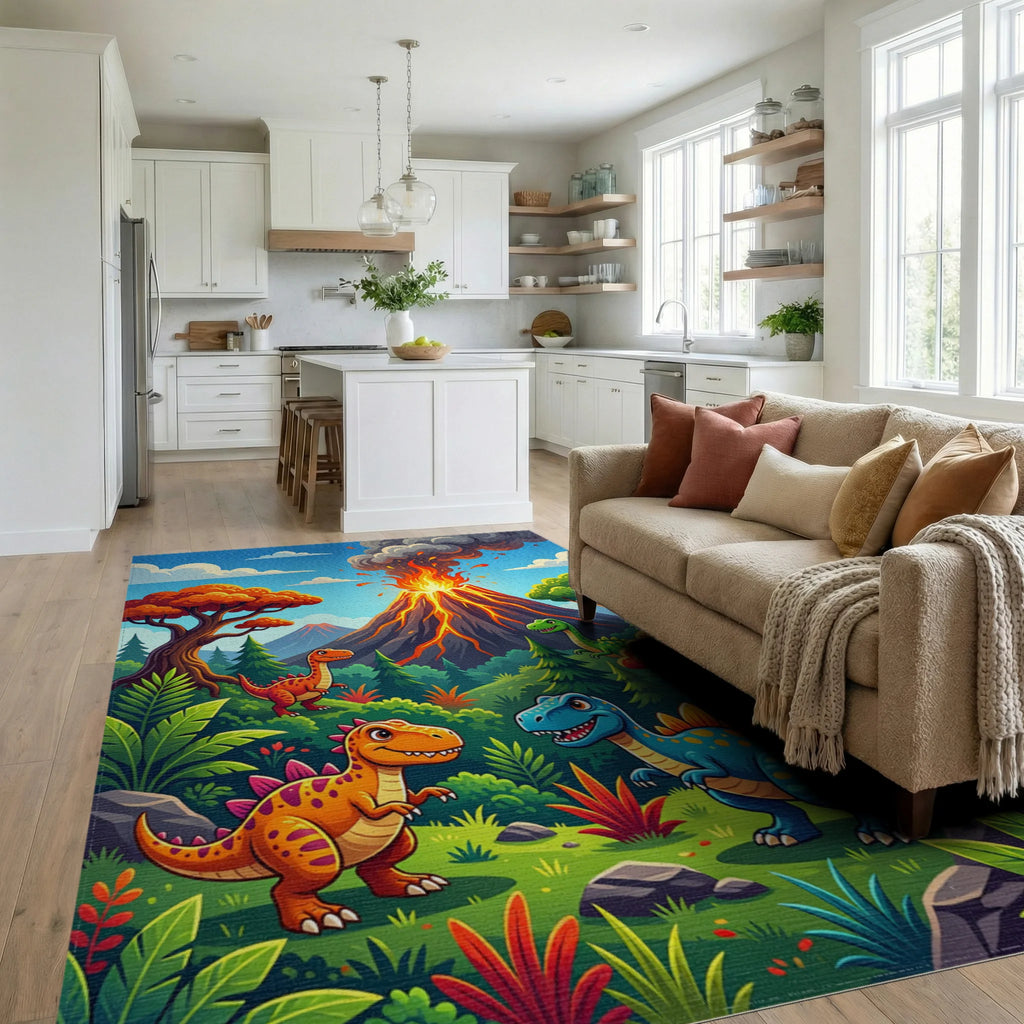 Prehistoric Volcano Dinosaurs Landscape Rug Living Room View