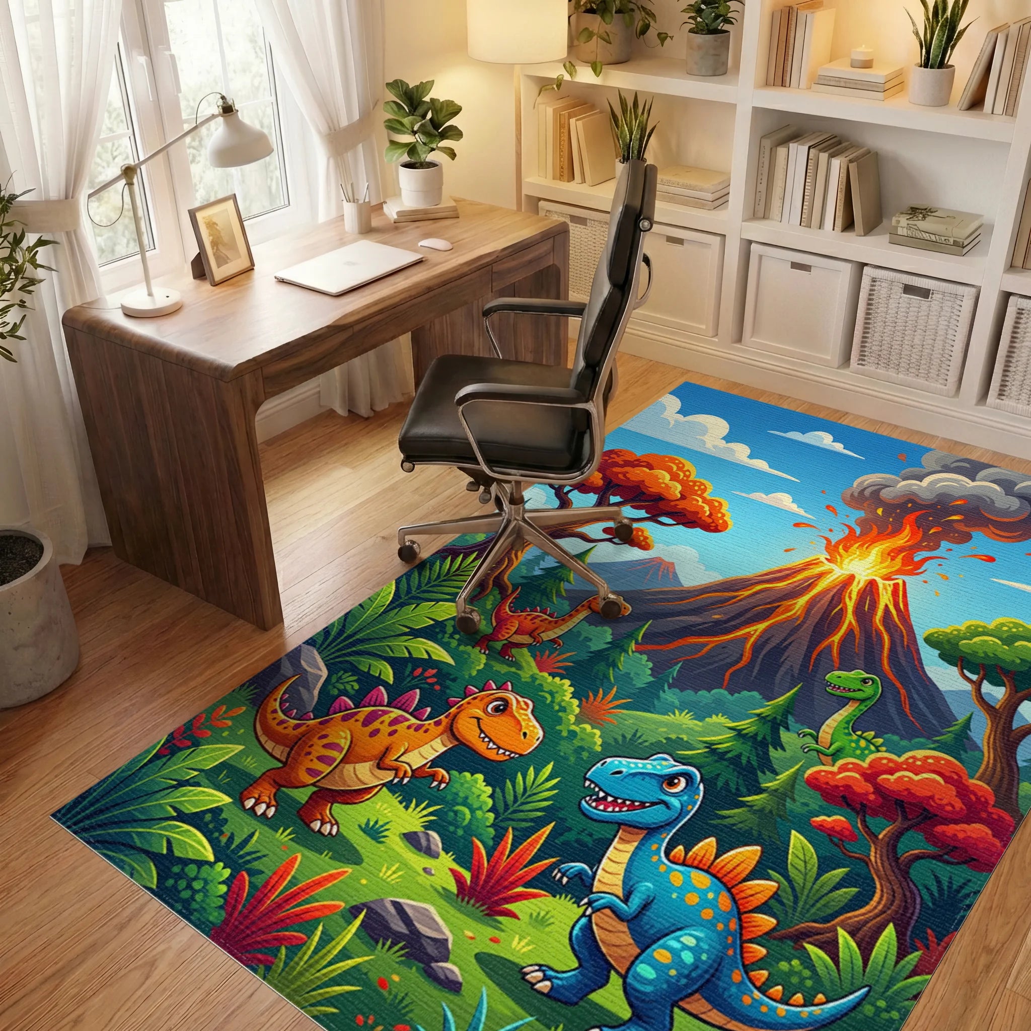 Prehistoric Volcano Dinosaurs Landscape Rug Office View