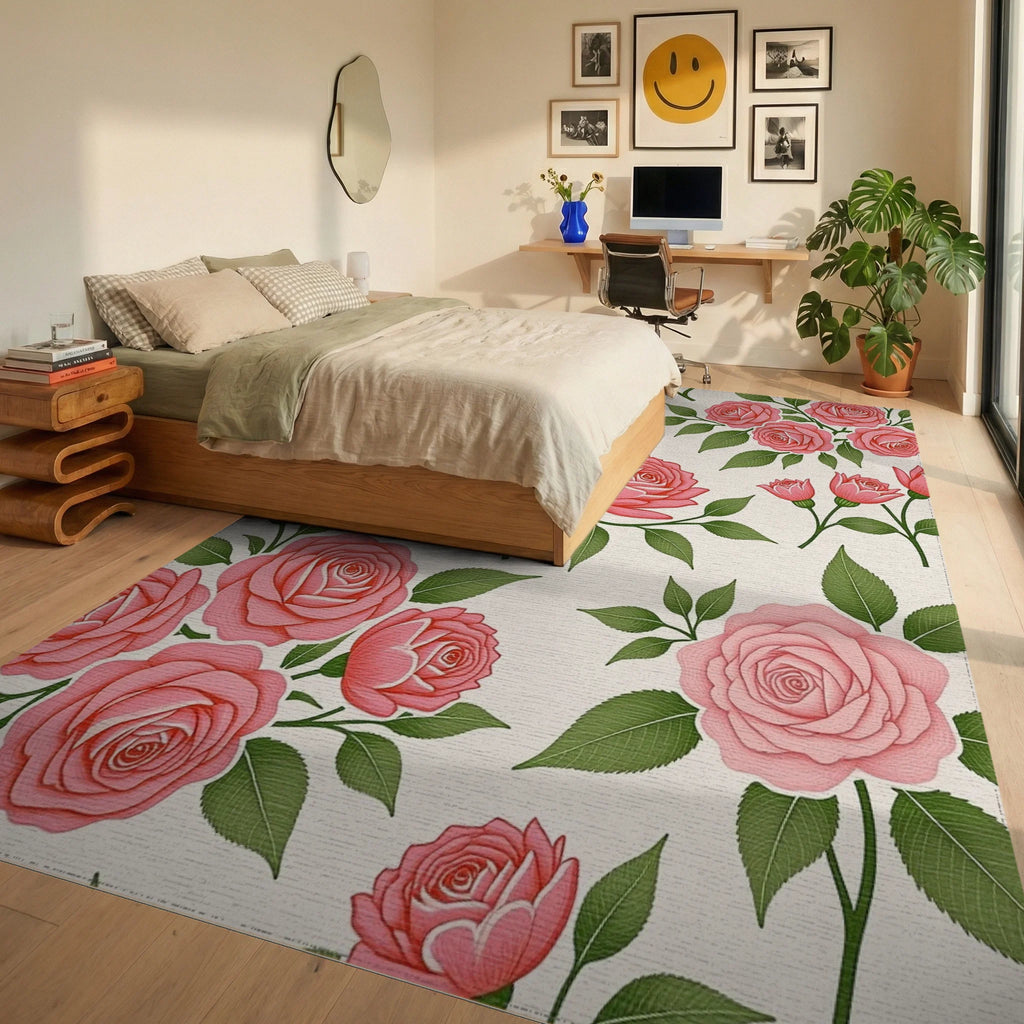 Pretty Pink Rose Garden Arrangement Rug Bedroom View