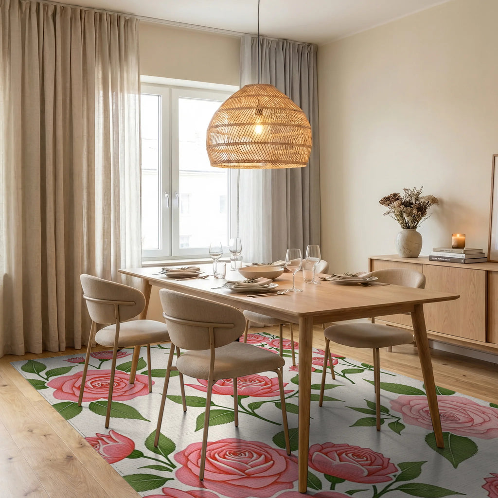 Pretty Pink Rose Garden Arrangement Rug Dining Room View