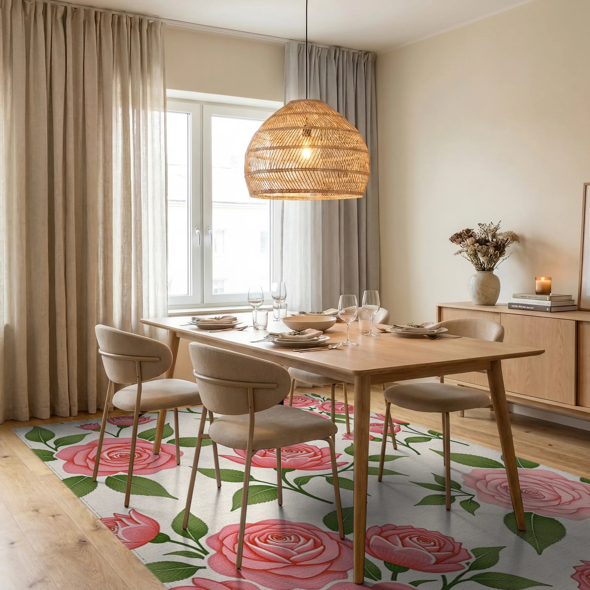 Pretty Pink Rose Garden Arrangement Rug Dining Room View