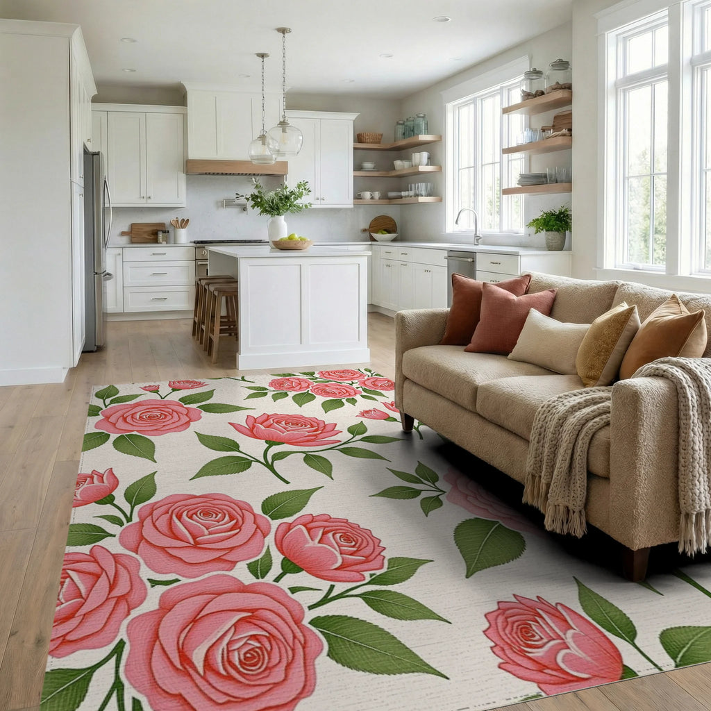 Pretty Pink Rose Garden Arrangement Rug Living Room View