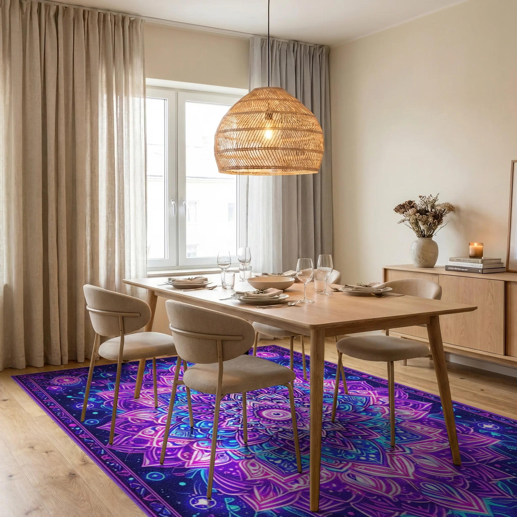 Psychedelic Purple Mandala Floral Rug - Dining Room View