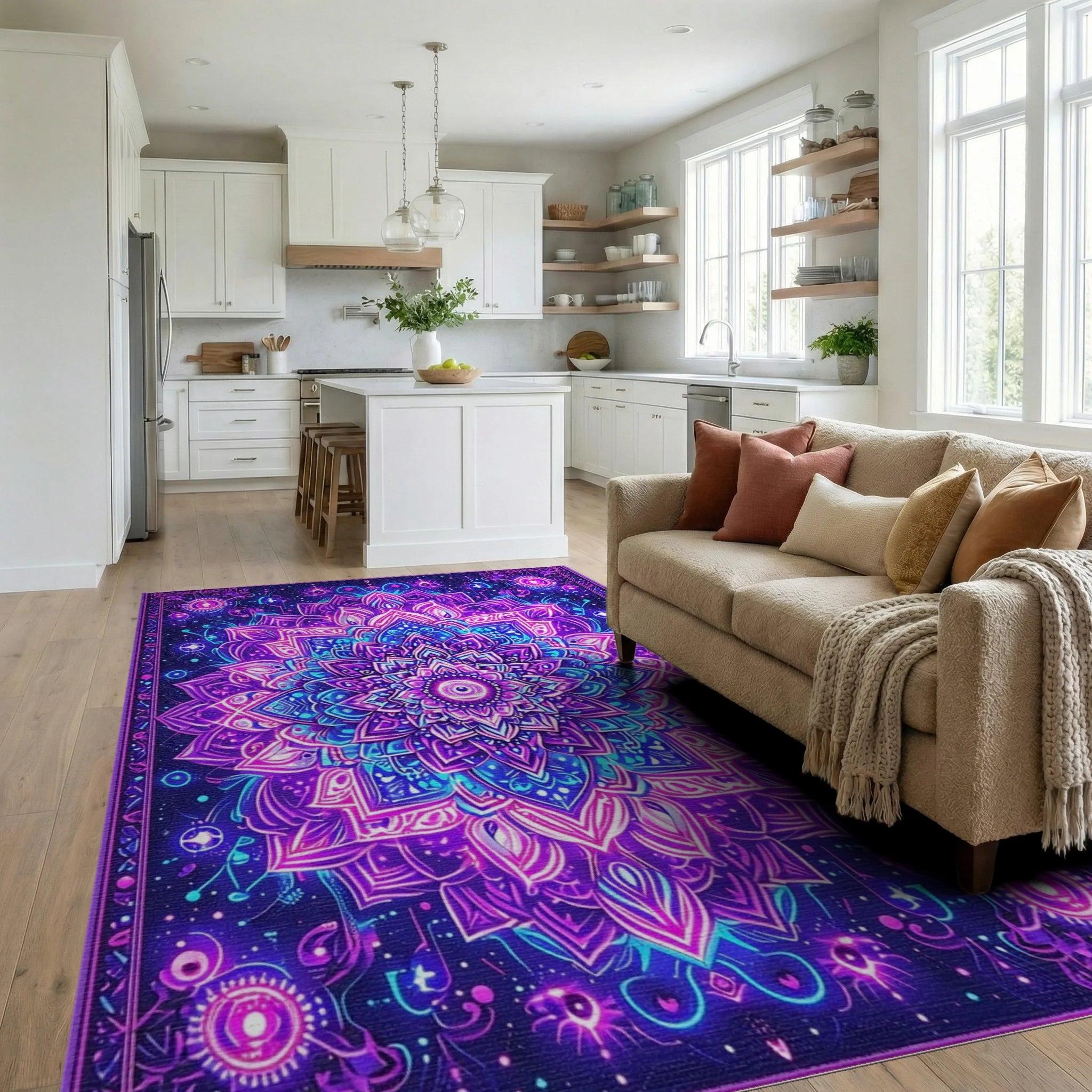 Psychedelic Purple Mandala Floral Rug - Living Room View