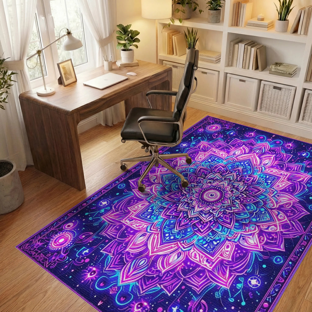 Psychedelic Purple Mandala Floral Rug - Office View