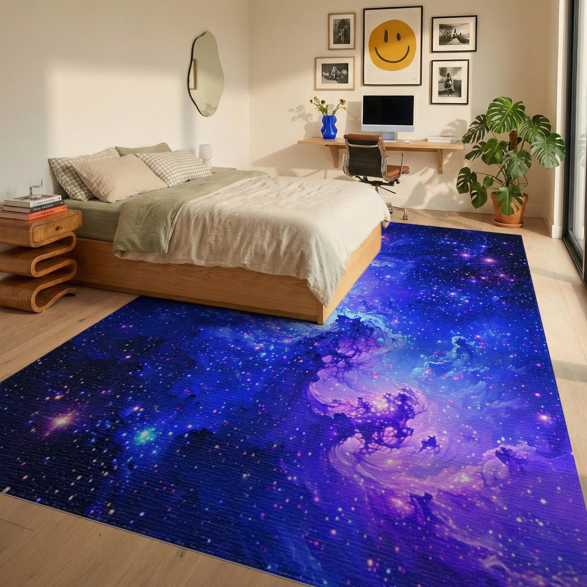 Purple Blue Swirling Nebula Stars Rug - Bedroom View