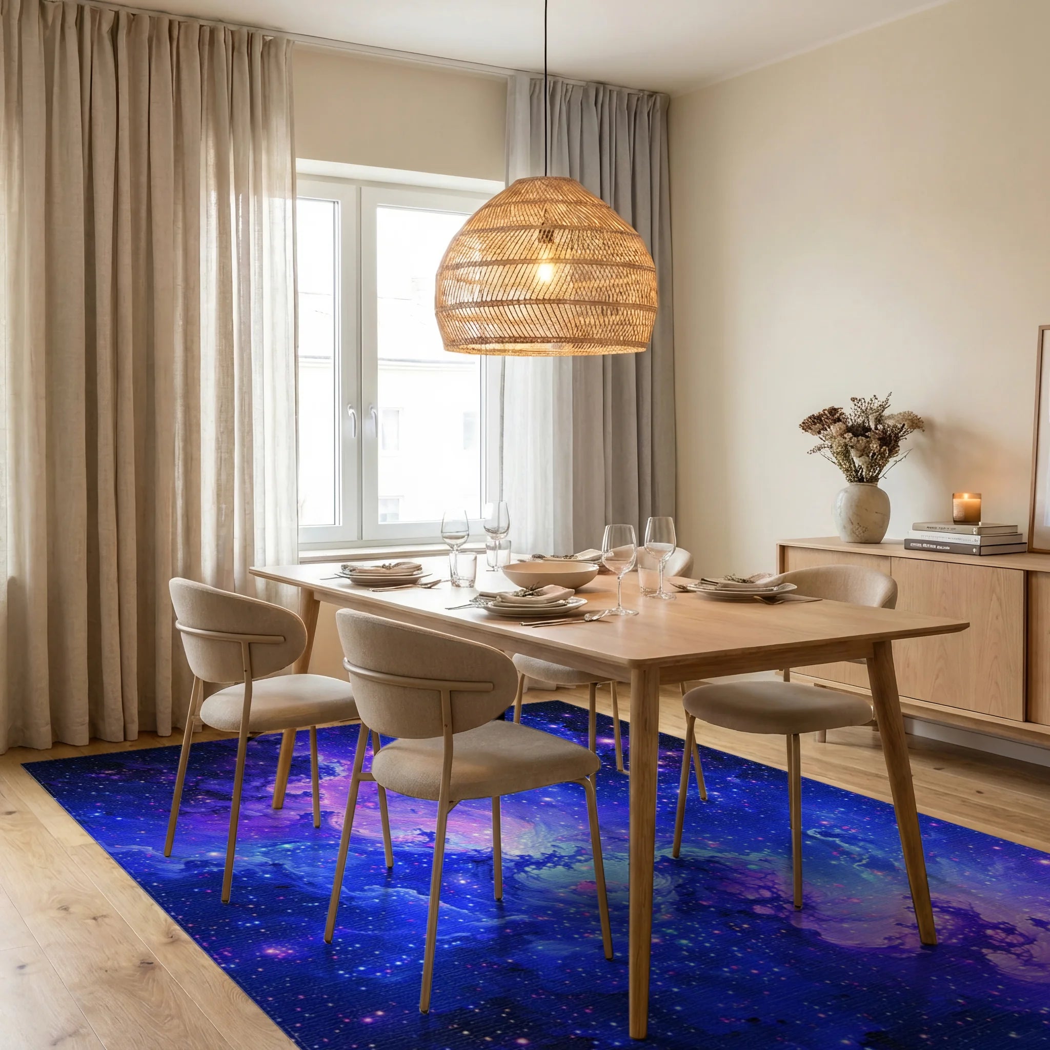 Purple Blue Swirling Nebula Stars Rug - Dining Room View