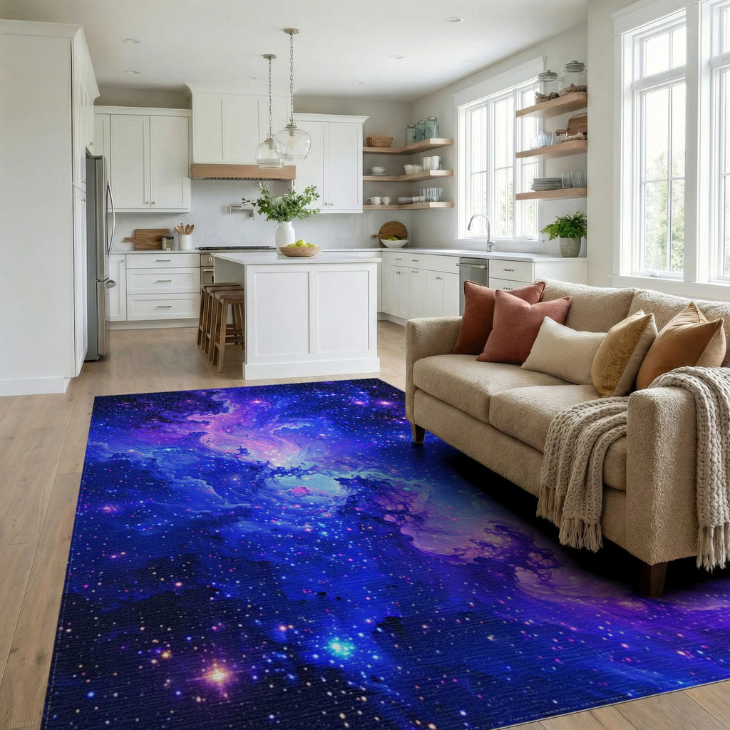 Purple Blue Swirling Nebula Stars Rug - Living Room View