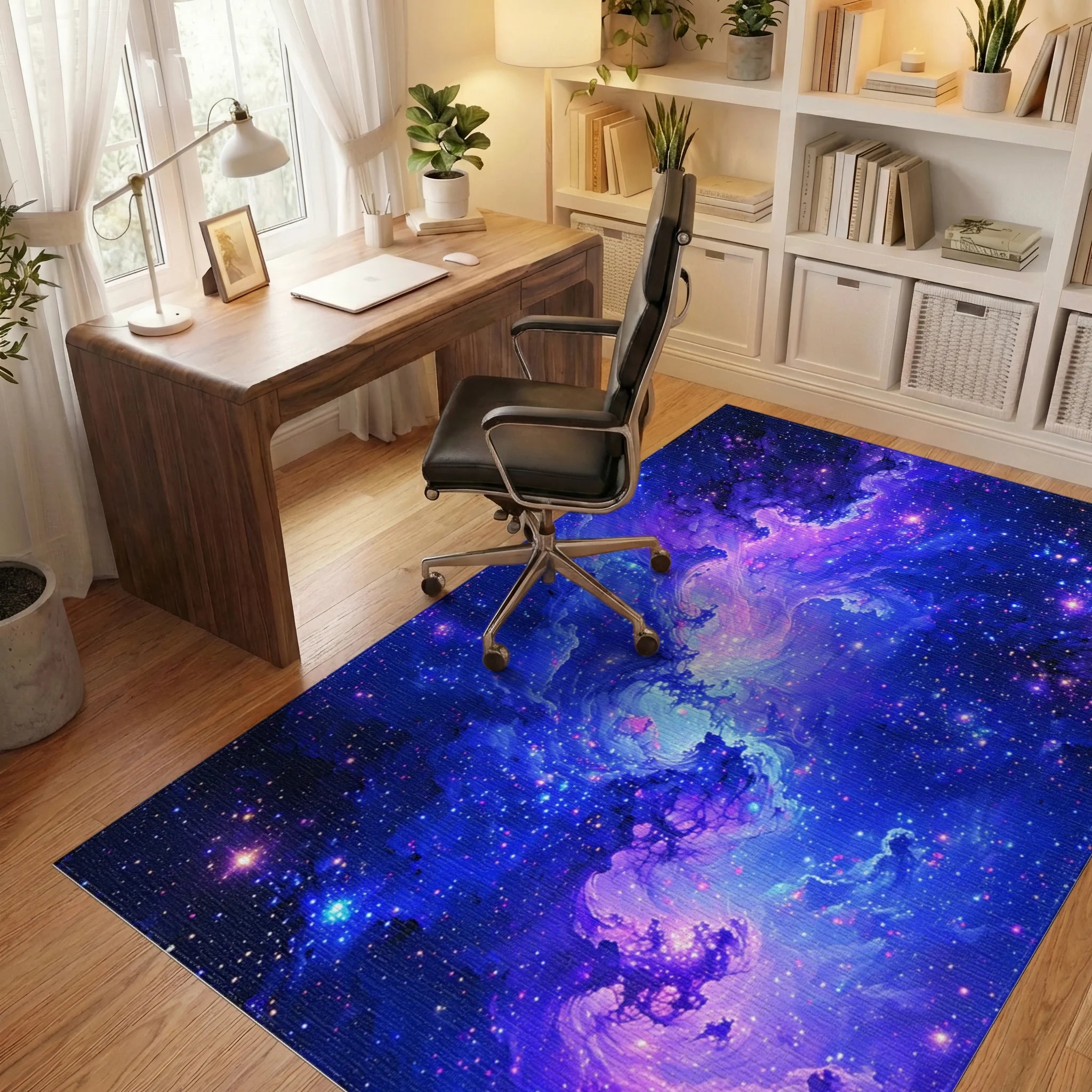 Purple Blue Swirling Nebula Stars Rug - Office View