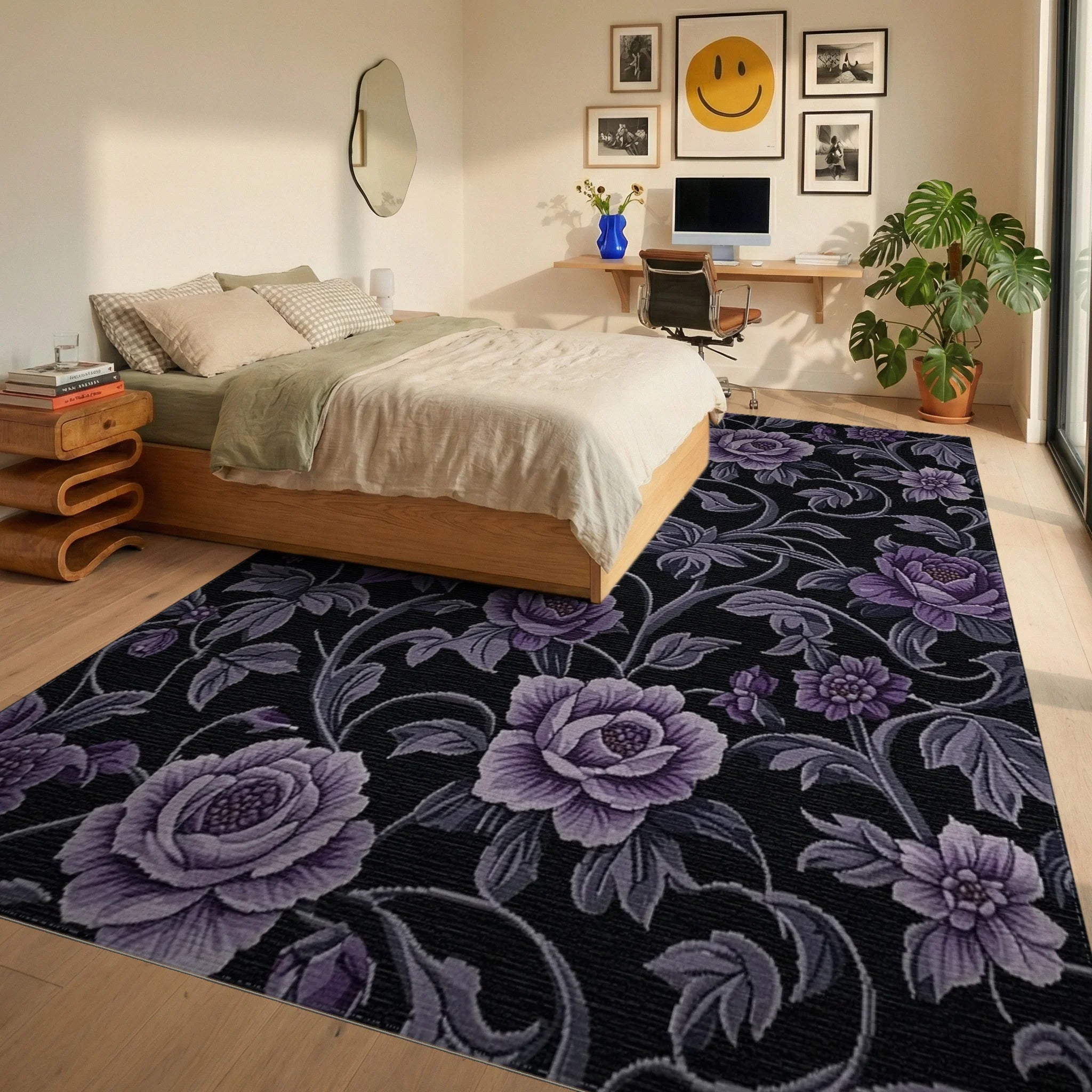 Purple Floral Swirl Vines Rug - Bedroom View