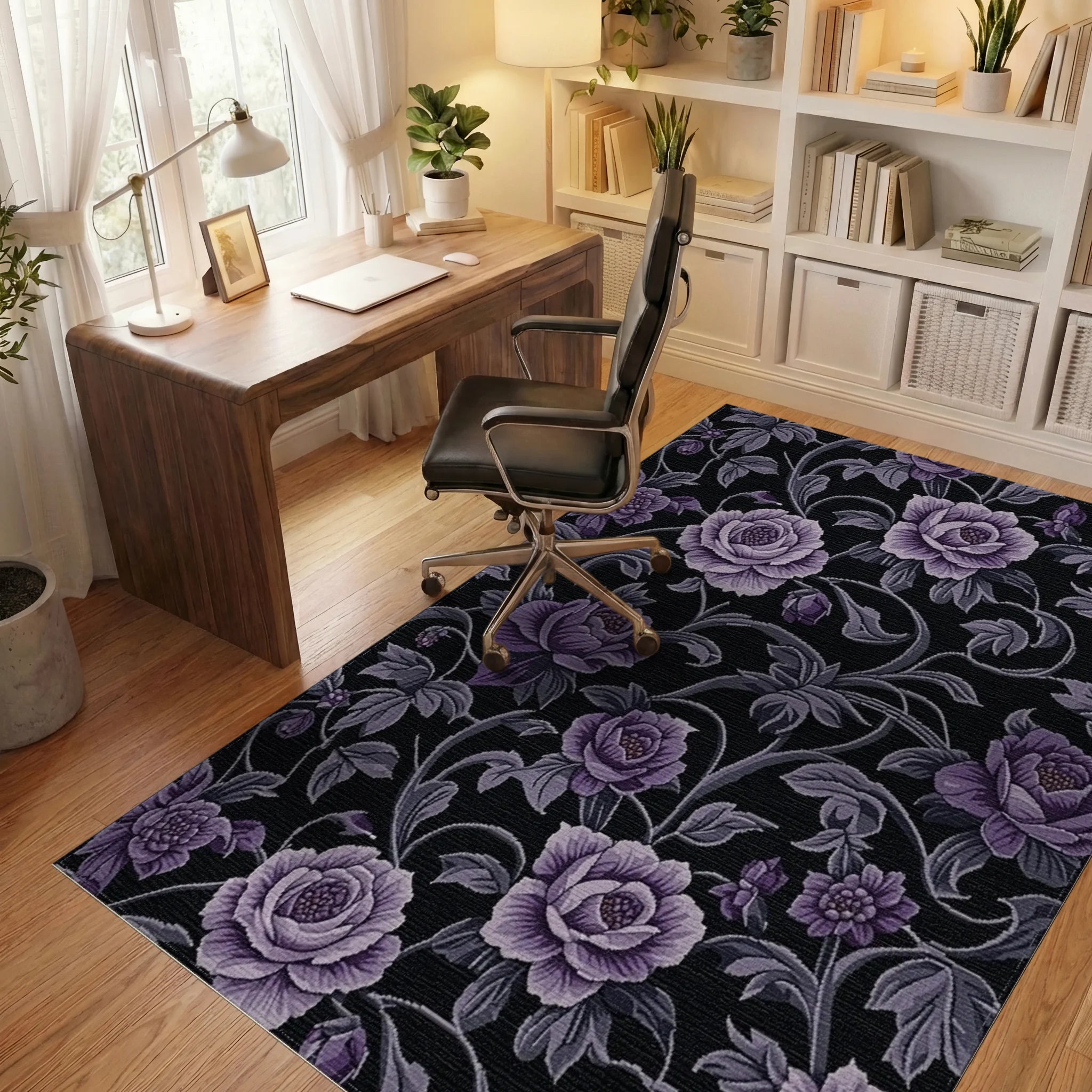 Purple Floral Swirl Vines Rug - Office View