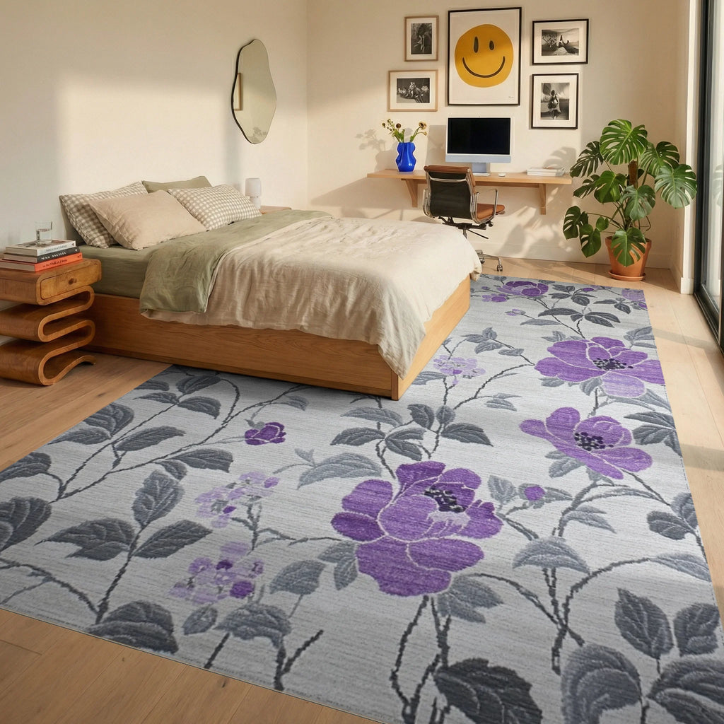 Purple Floral Vine Garden Rug - Bedroom View