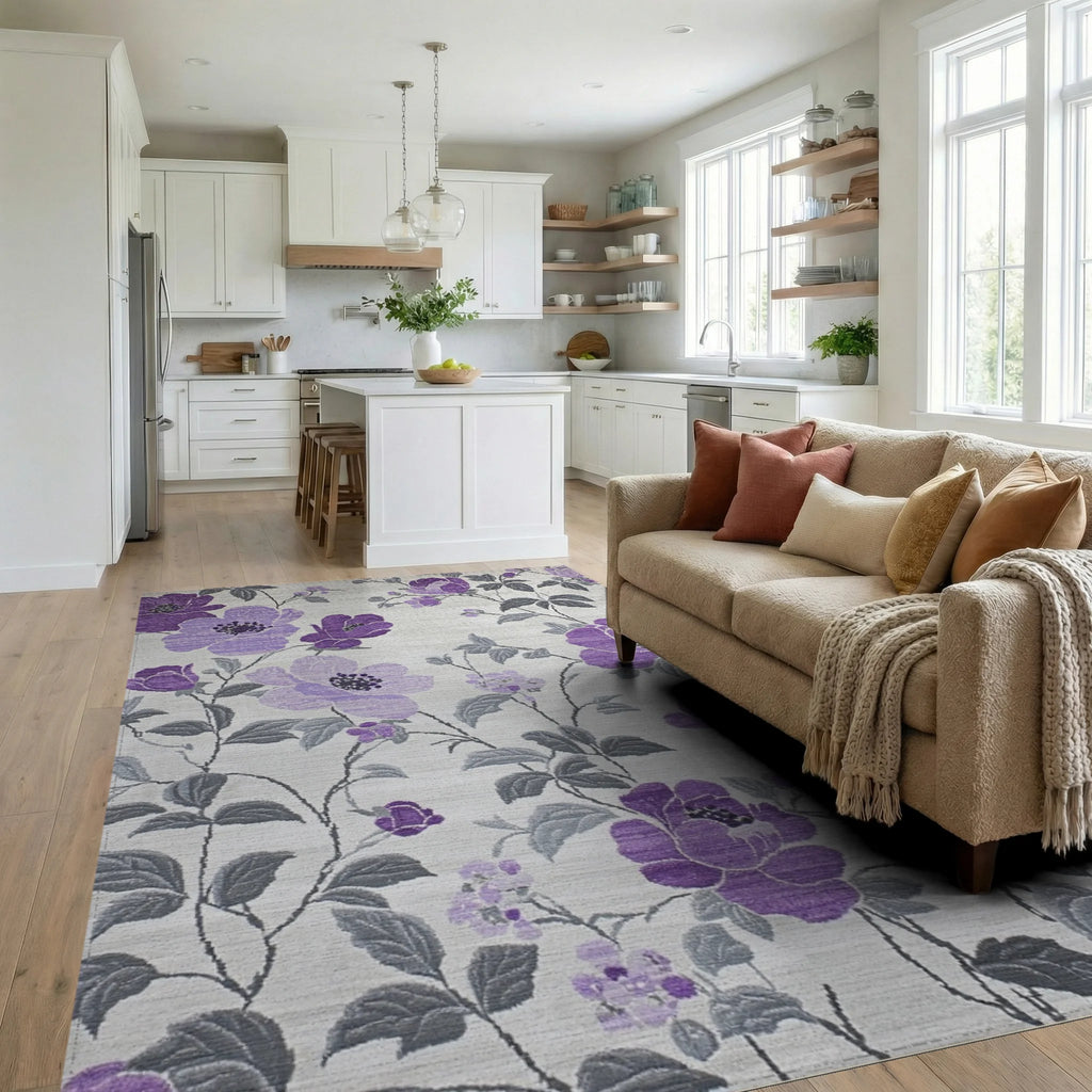 Purple Floral Vine Garden Rug - Living Room View