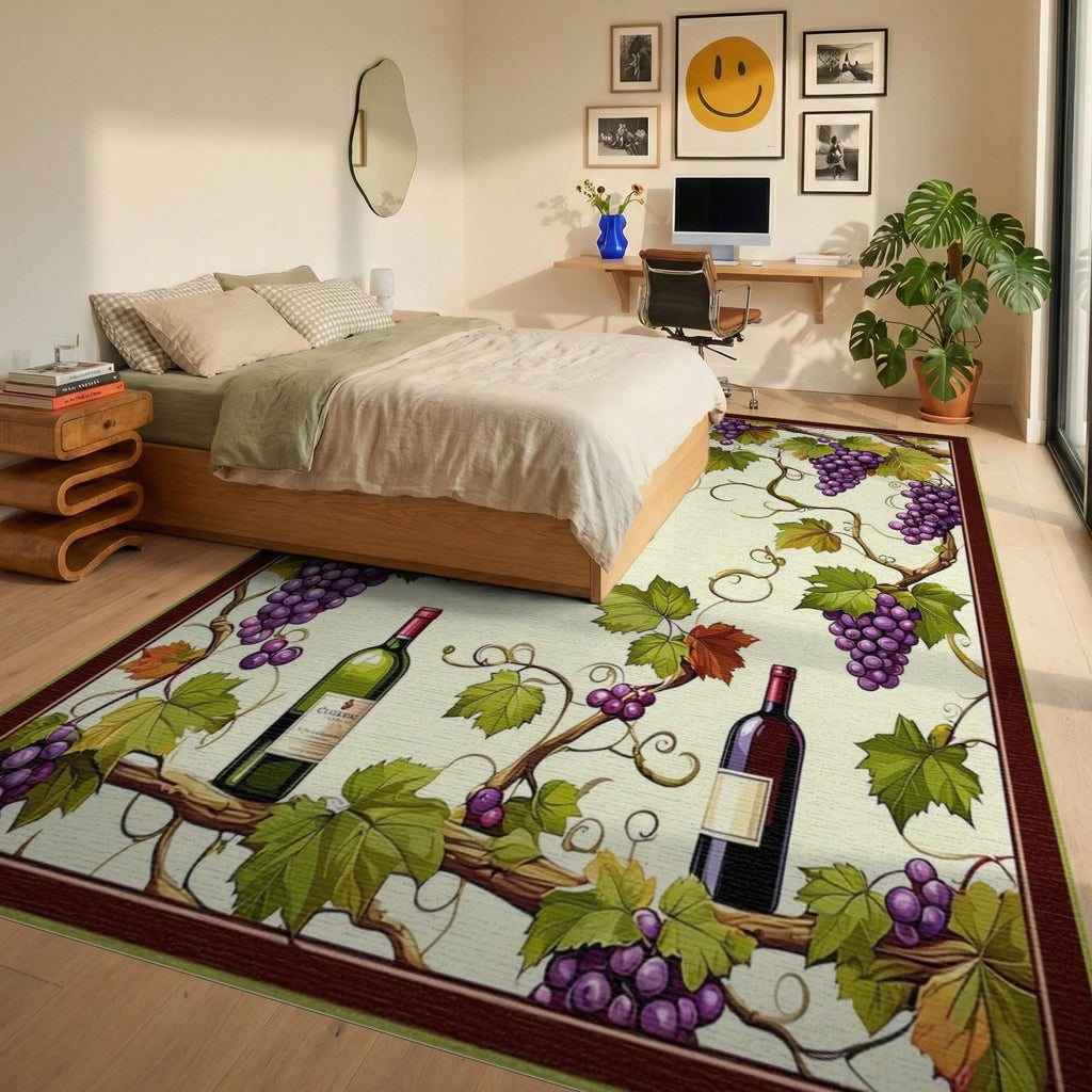 Purple Grapes Vines Wine Bottles Rug - Bedroom View