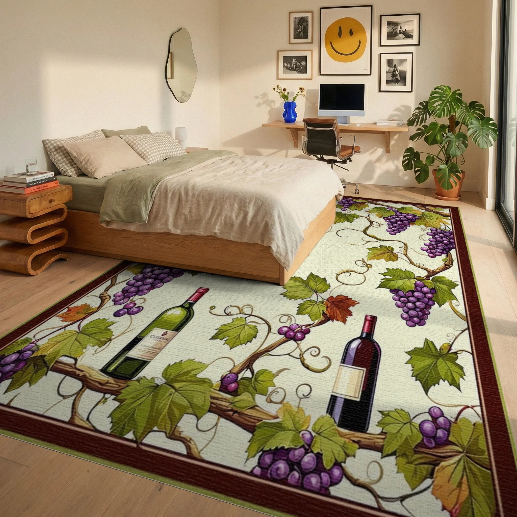 Purple Grapes Vines Wine Bottles Rug - Bedroom View