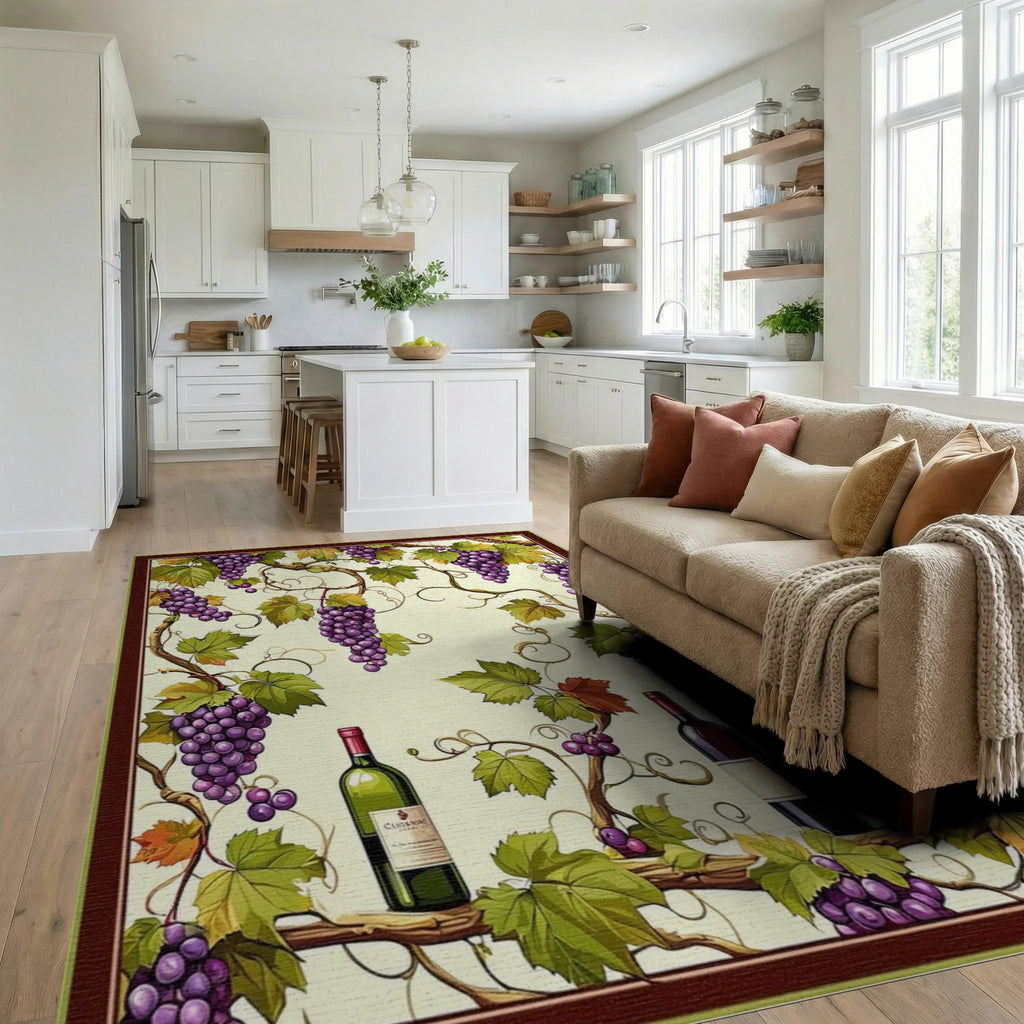 Purple Grapes Vines Wine Bottles Rug - Living Room View