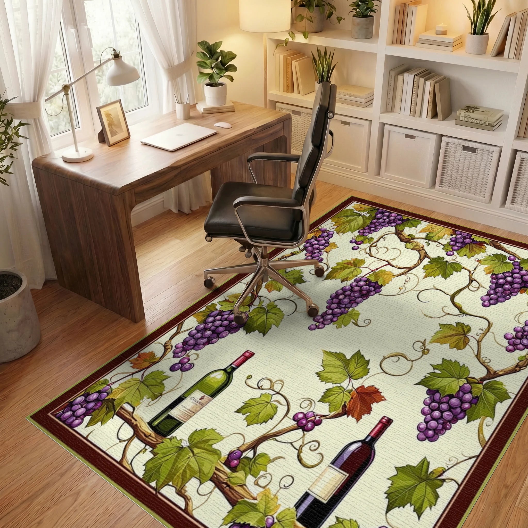Purple Grapes Vines Wine Bottles Rug - Office View