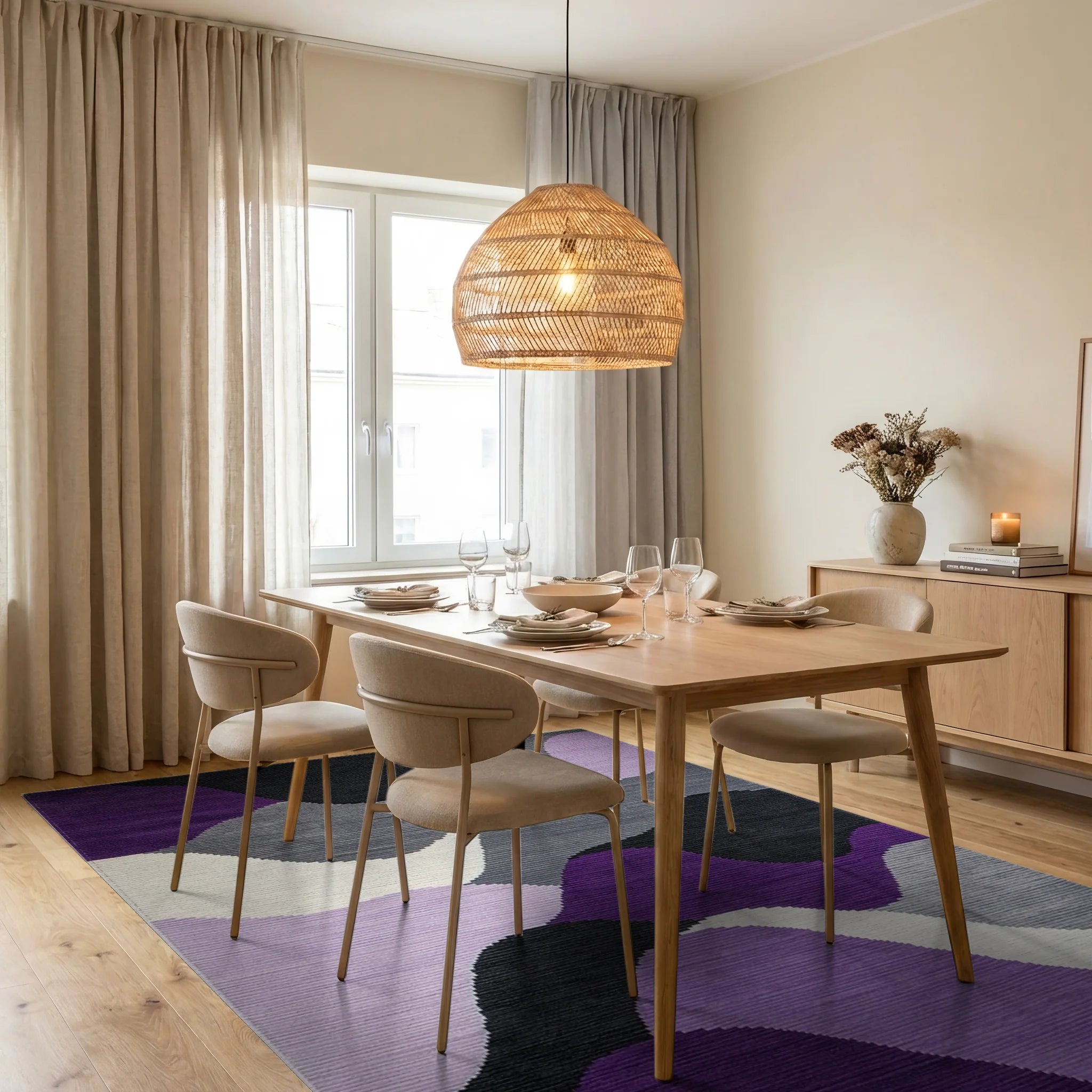 Purple Gray Black Wave Landscape Rug - Dining Room View