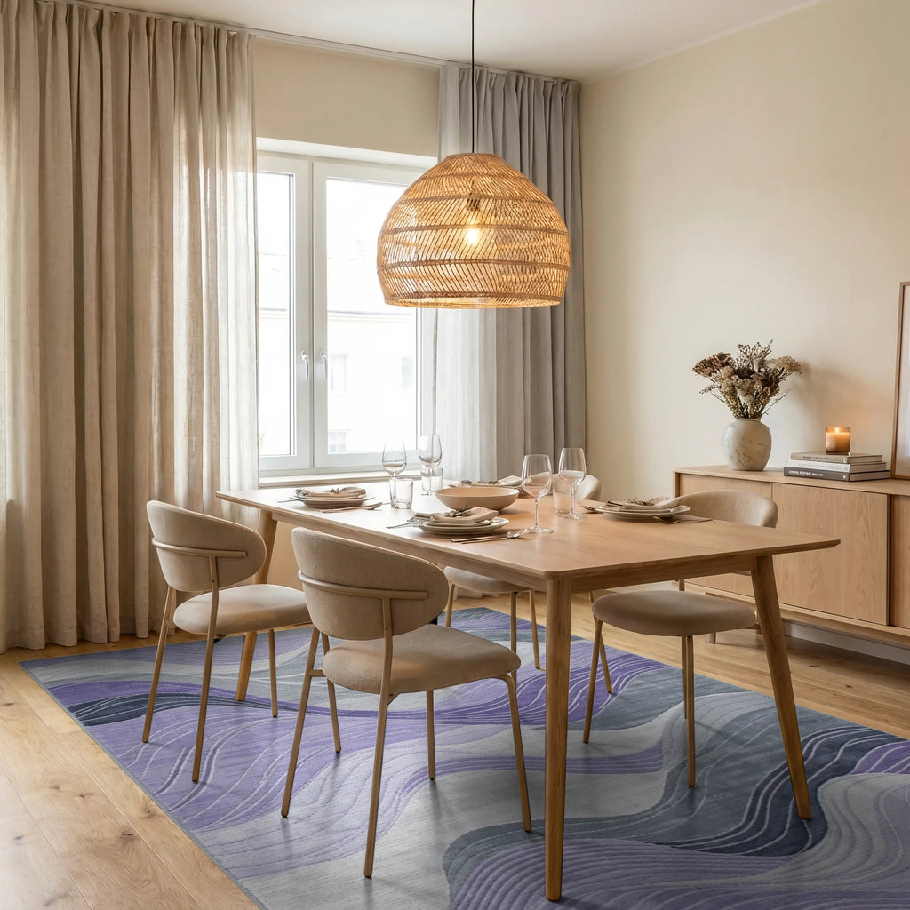 Purple Gray Flowing Wave Rug - Dining Room View