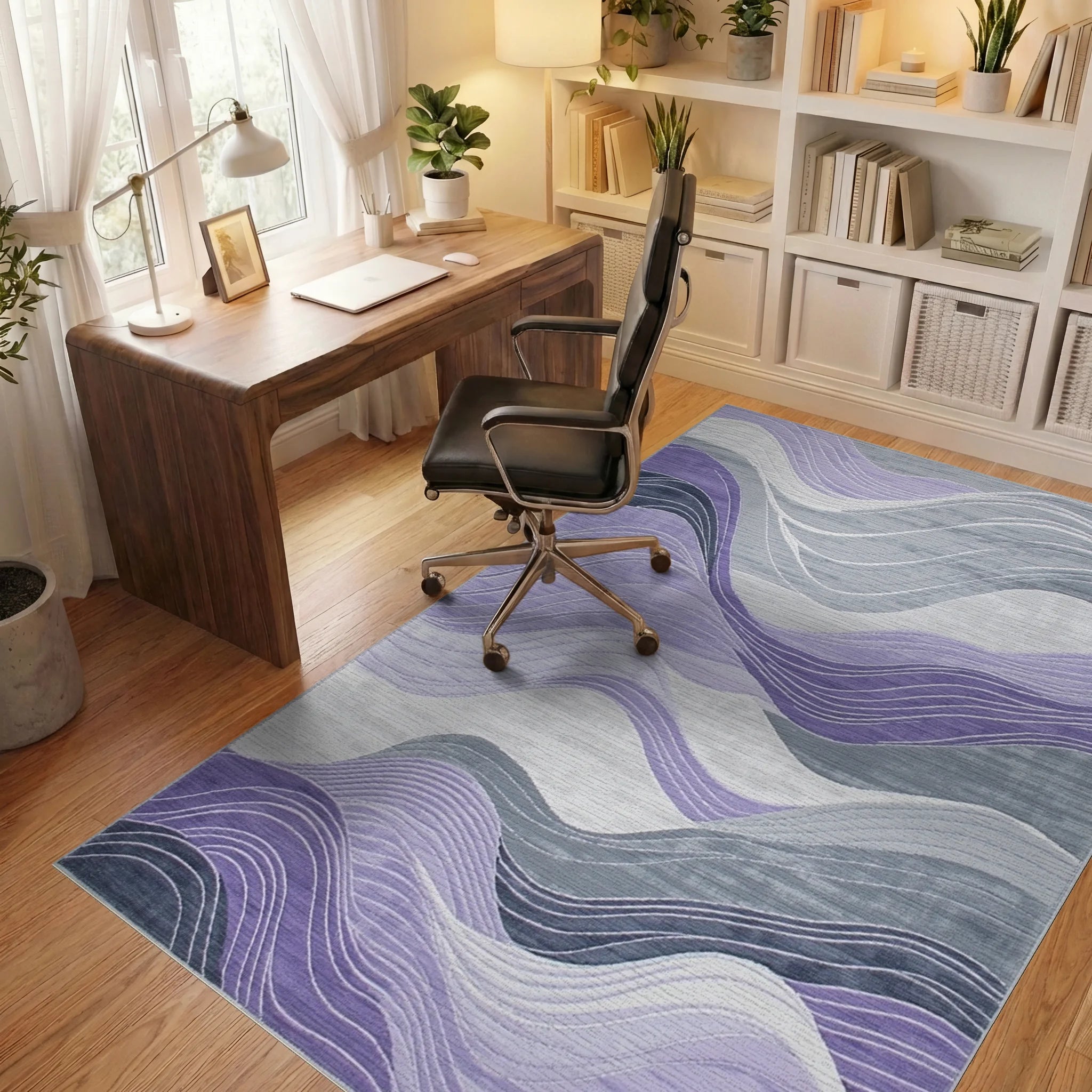 Purple Gray Flowing Wave Rug - Office View