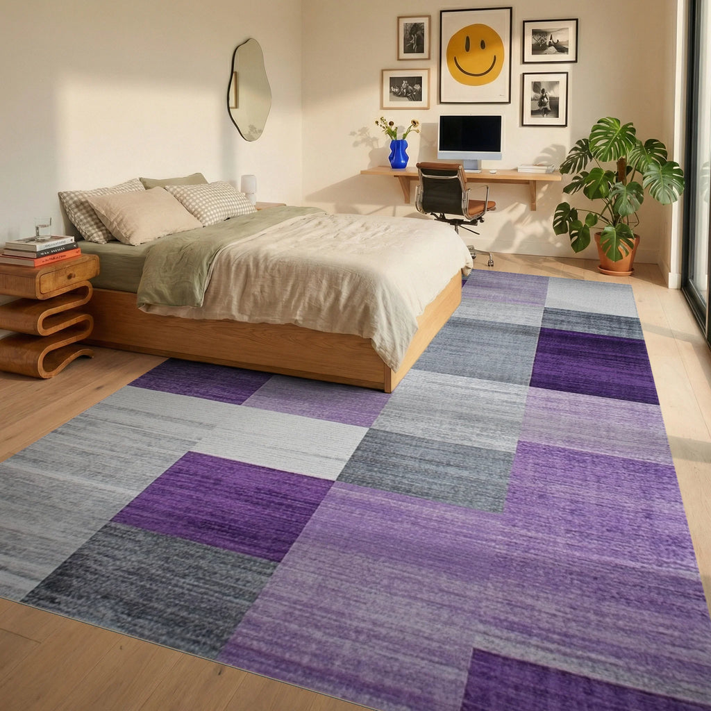 Purple Gray Geometric Blocks Rug - Bedroom View