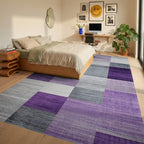 Purple Gray Geometric Blocks Rug - Bedroom View