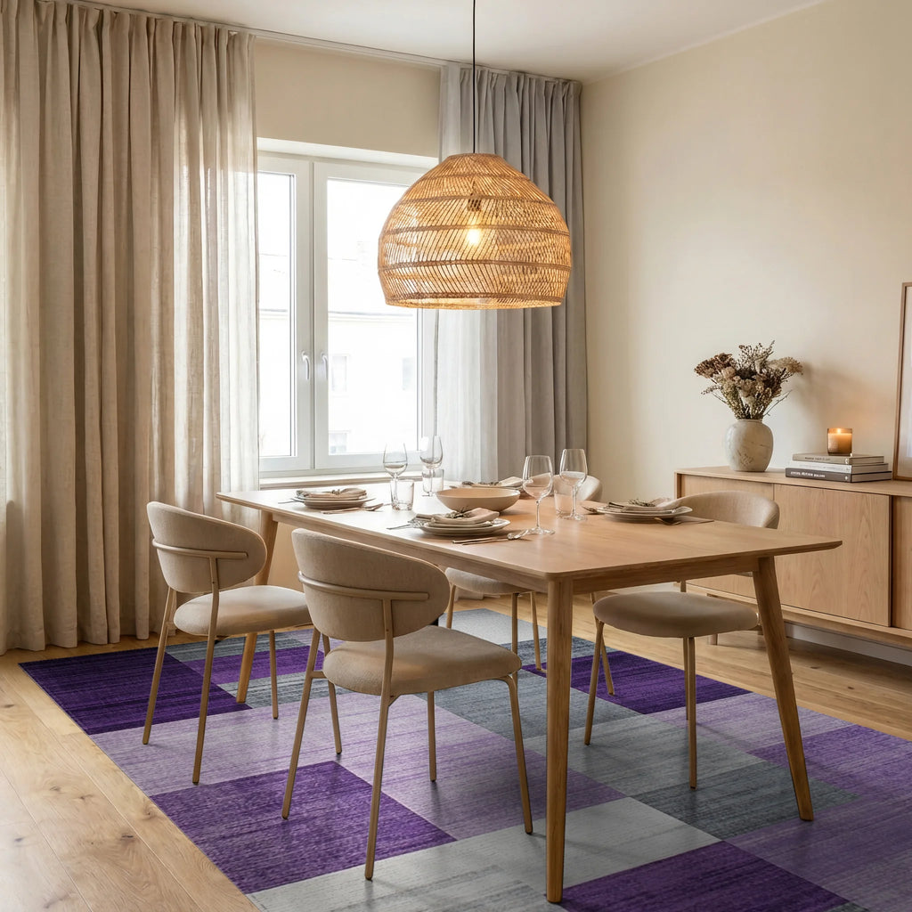 Purple Gray Geometric Blocks Rug - Dining Room View