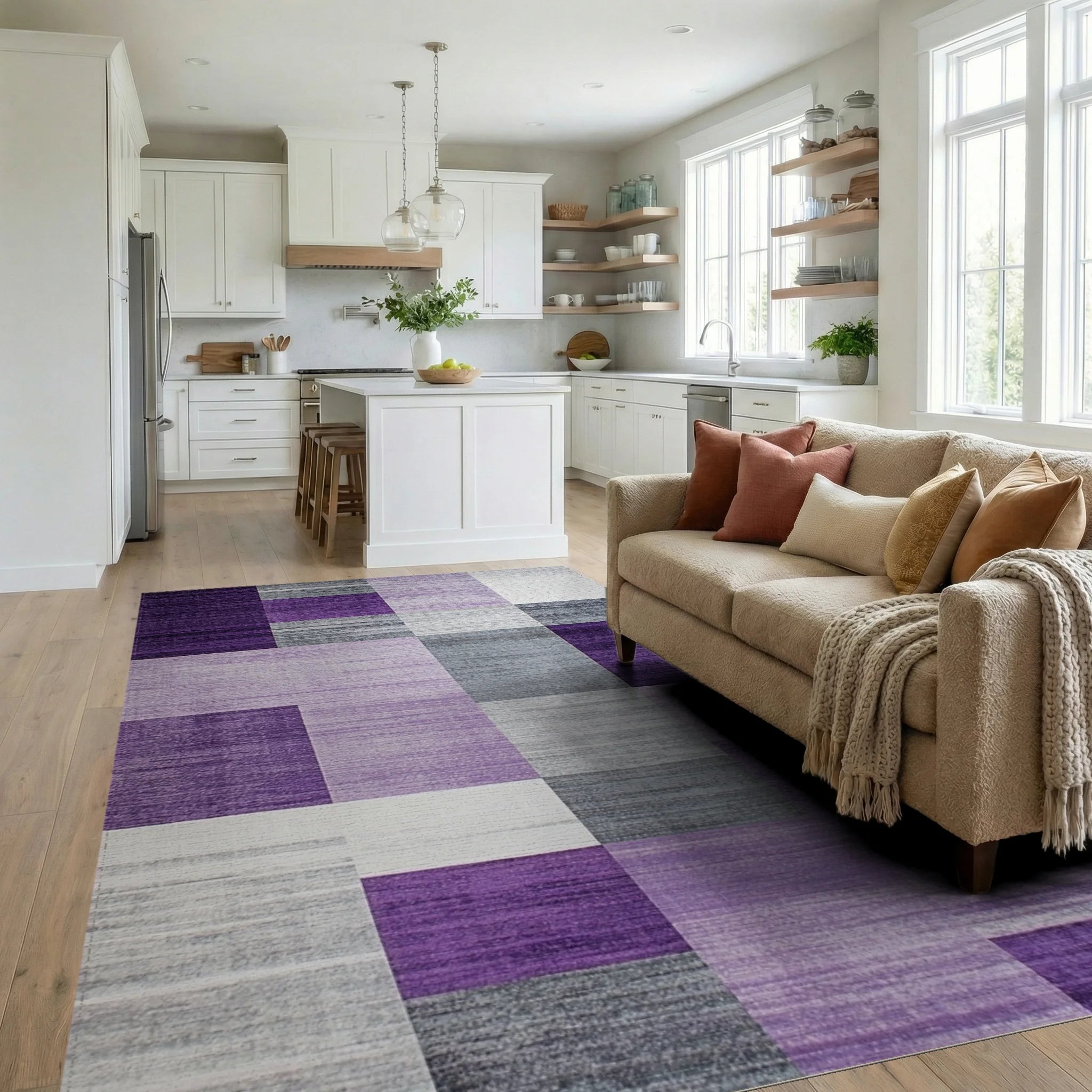Purple Gray Geometric Blocks Rug - Living Room View