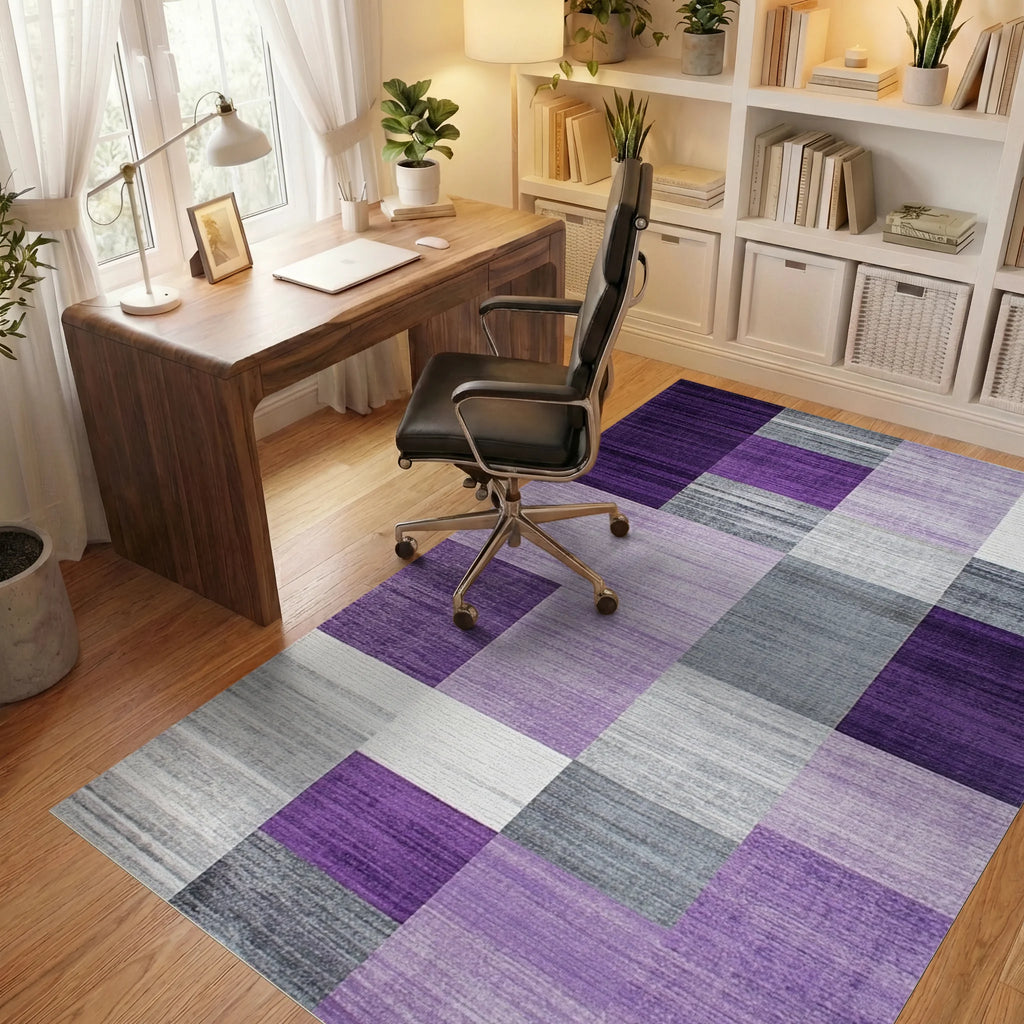 Purple Gray Geometric Blocks Rug - Office View