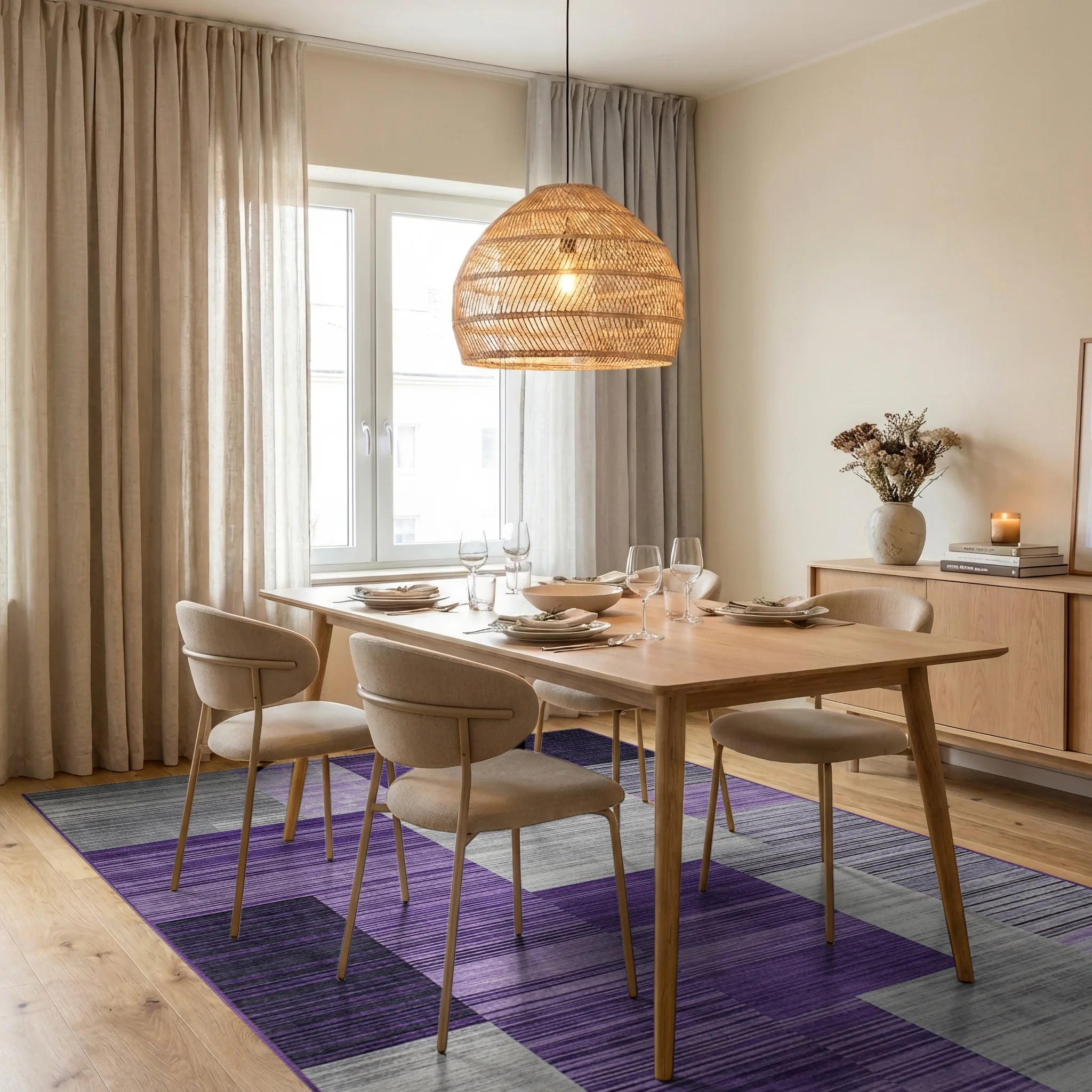 Purple Gray Stratified Geometric Rug - Dining Room View