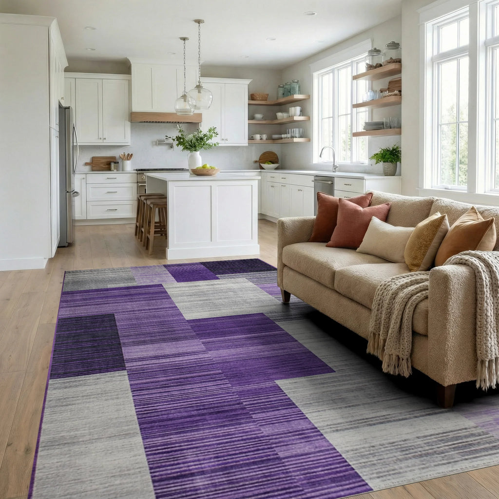 Purple Gray Stratified Geometric Rug - Living Room View