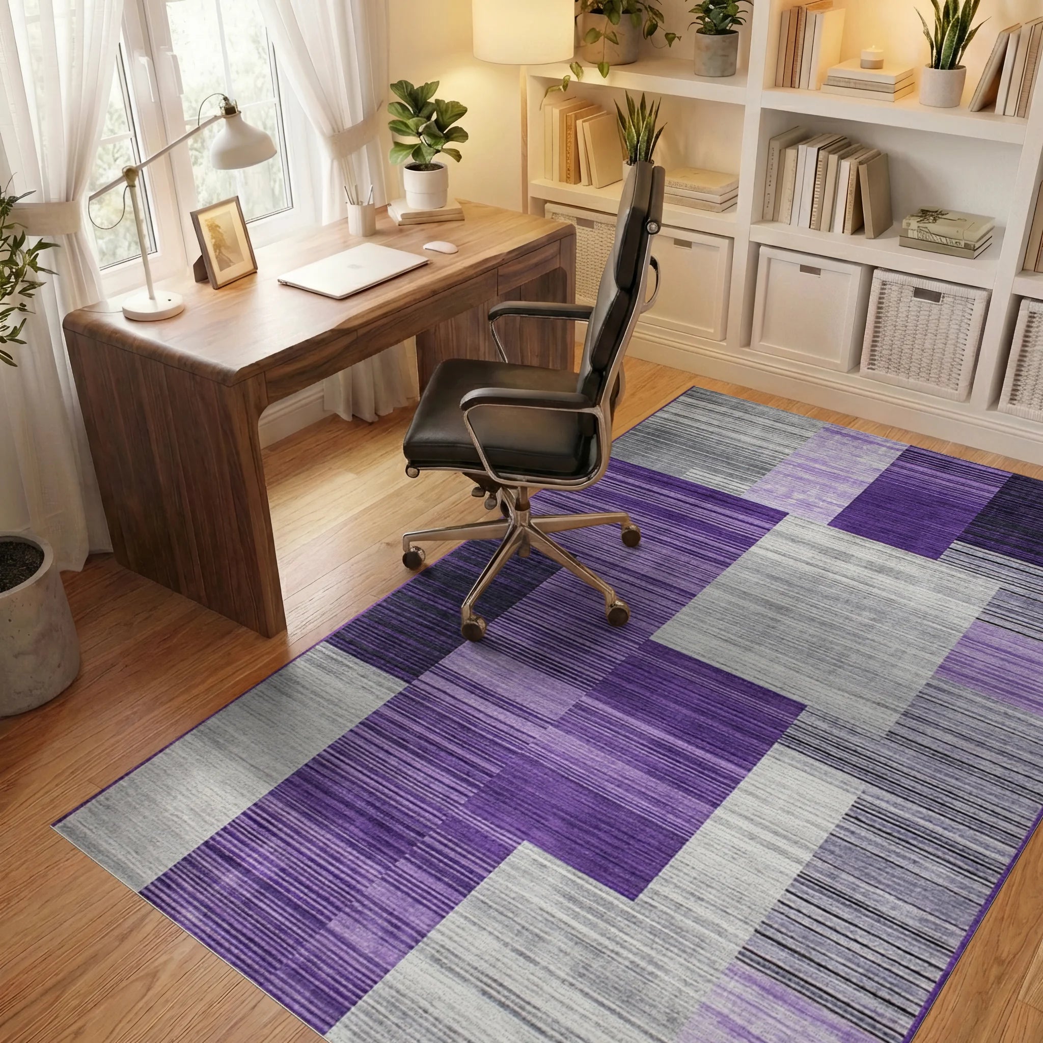 Purple Gray Stratified Geometric Rug - Office View