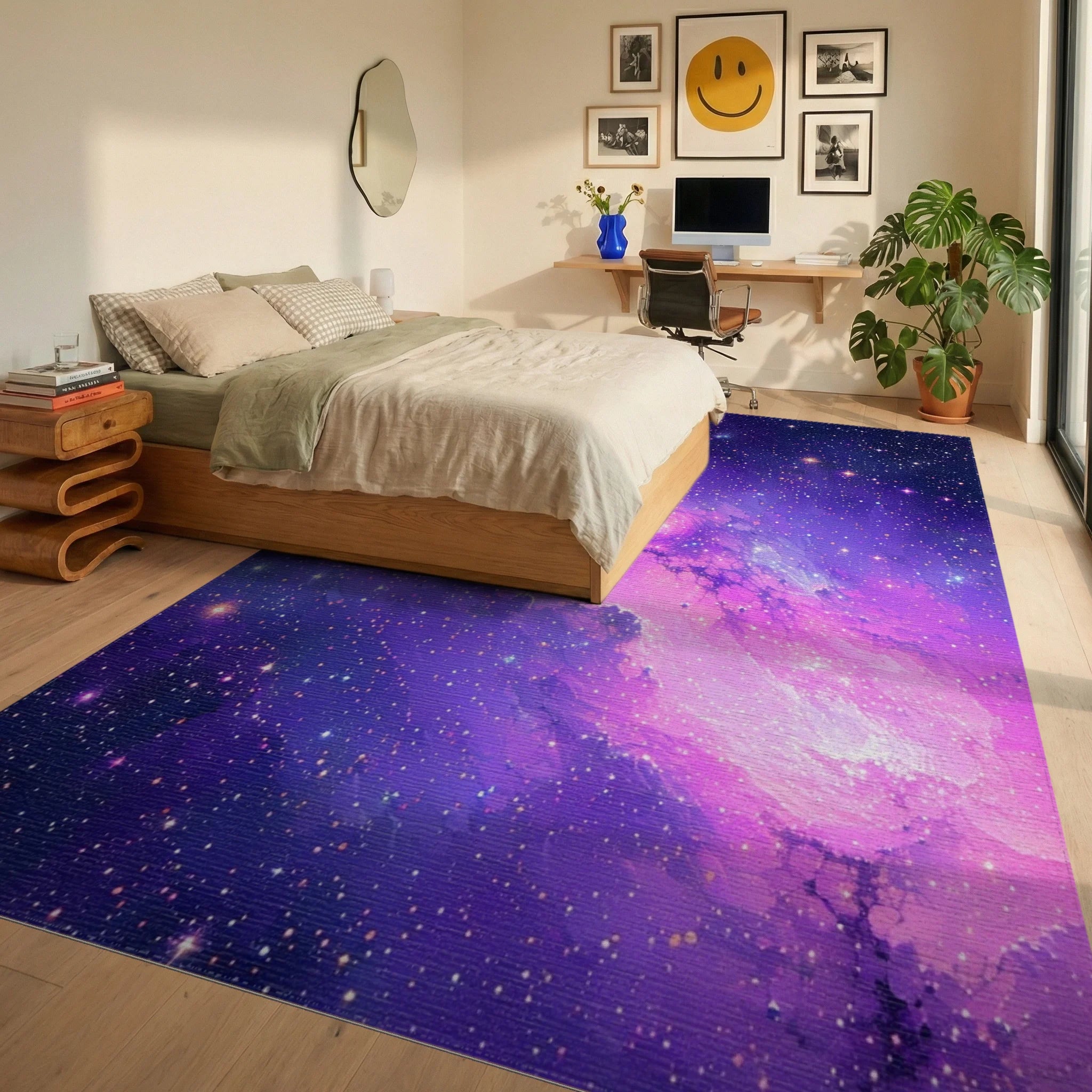 Purple Nebula Cosmic Stars Rug - Bedroom View