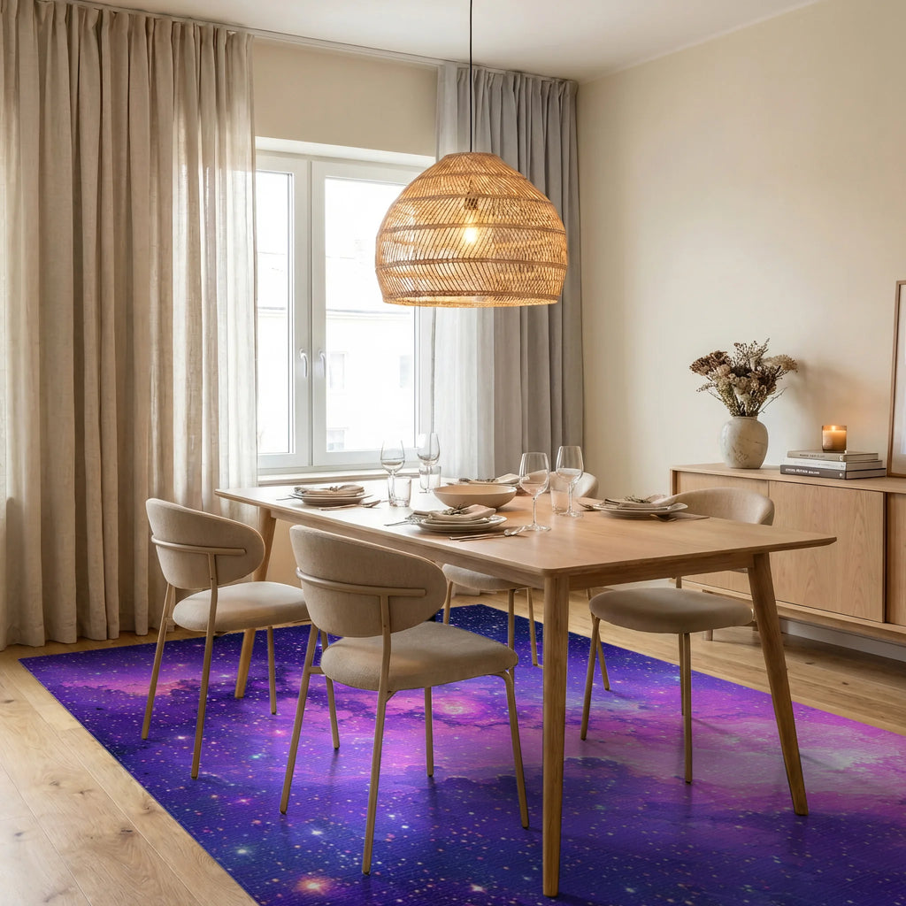 Purple Nebula Cosmic Stars Rug - Dining Room View