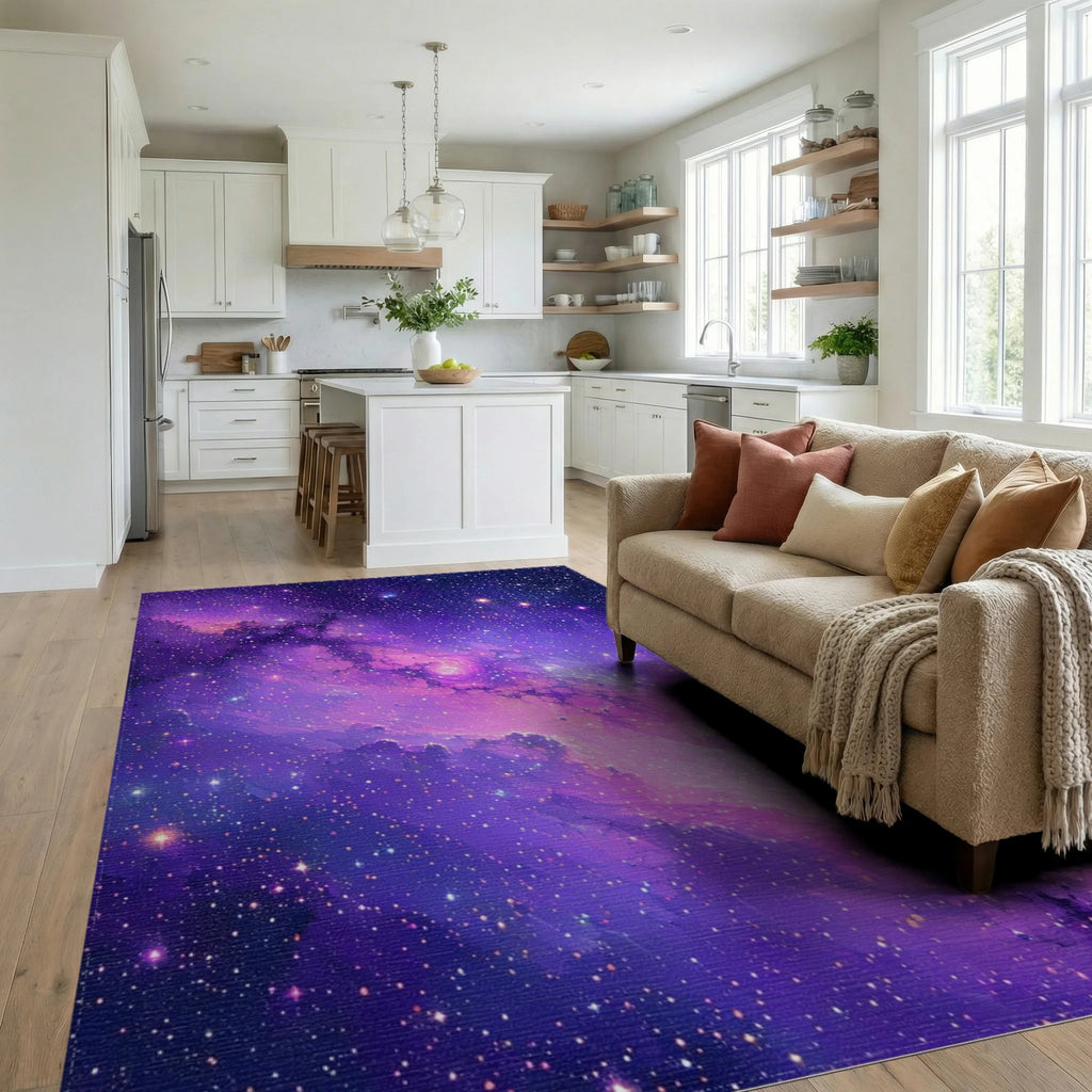 Purple Nebula Cosmic Stars Rug - Living Room View